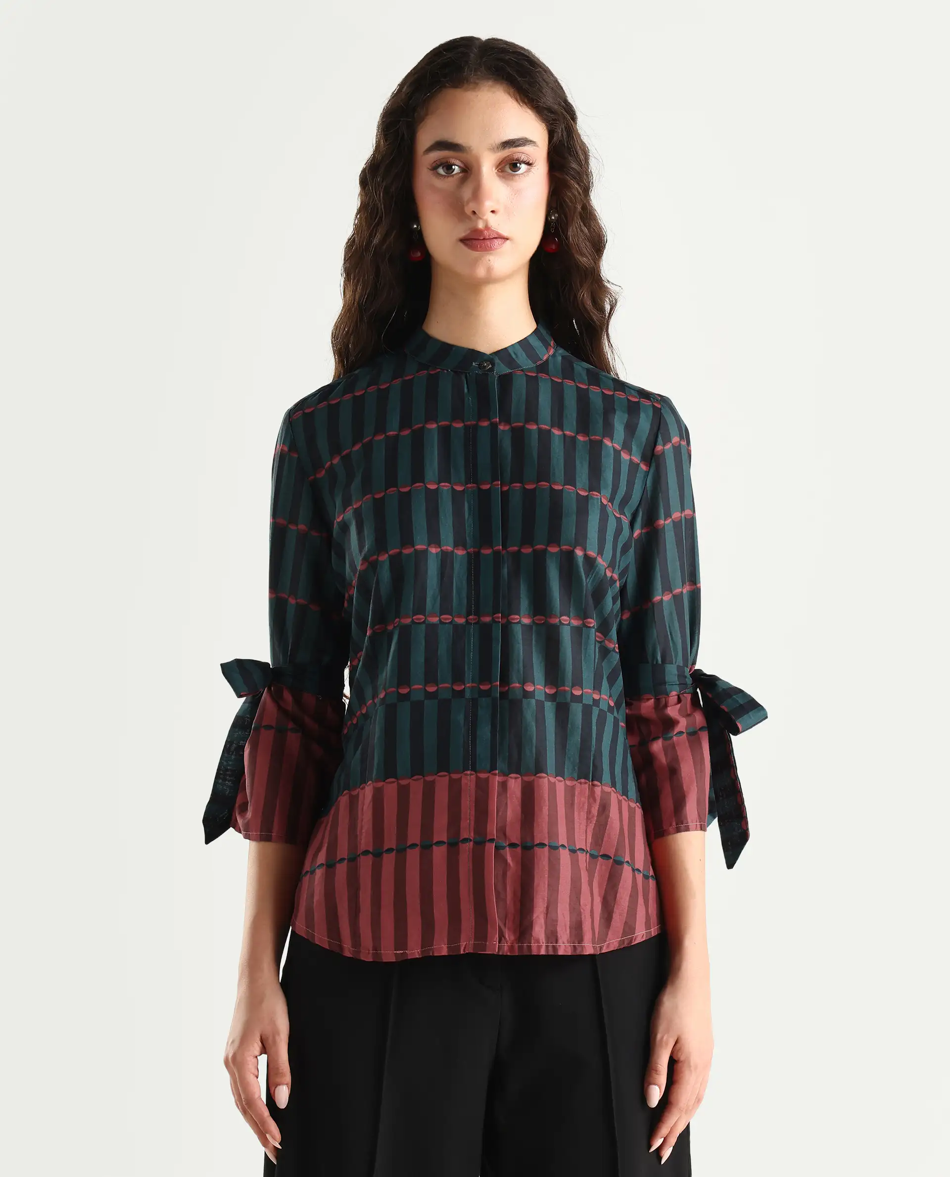 Rareism Women's Muraba Green Cotton Mandarin Collar Geometric Print Regular Fit Top - Image 3