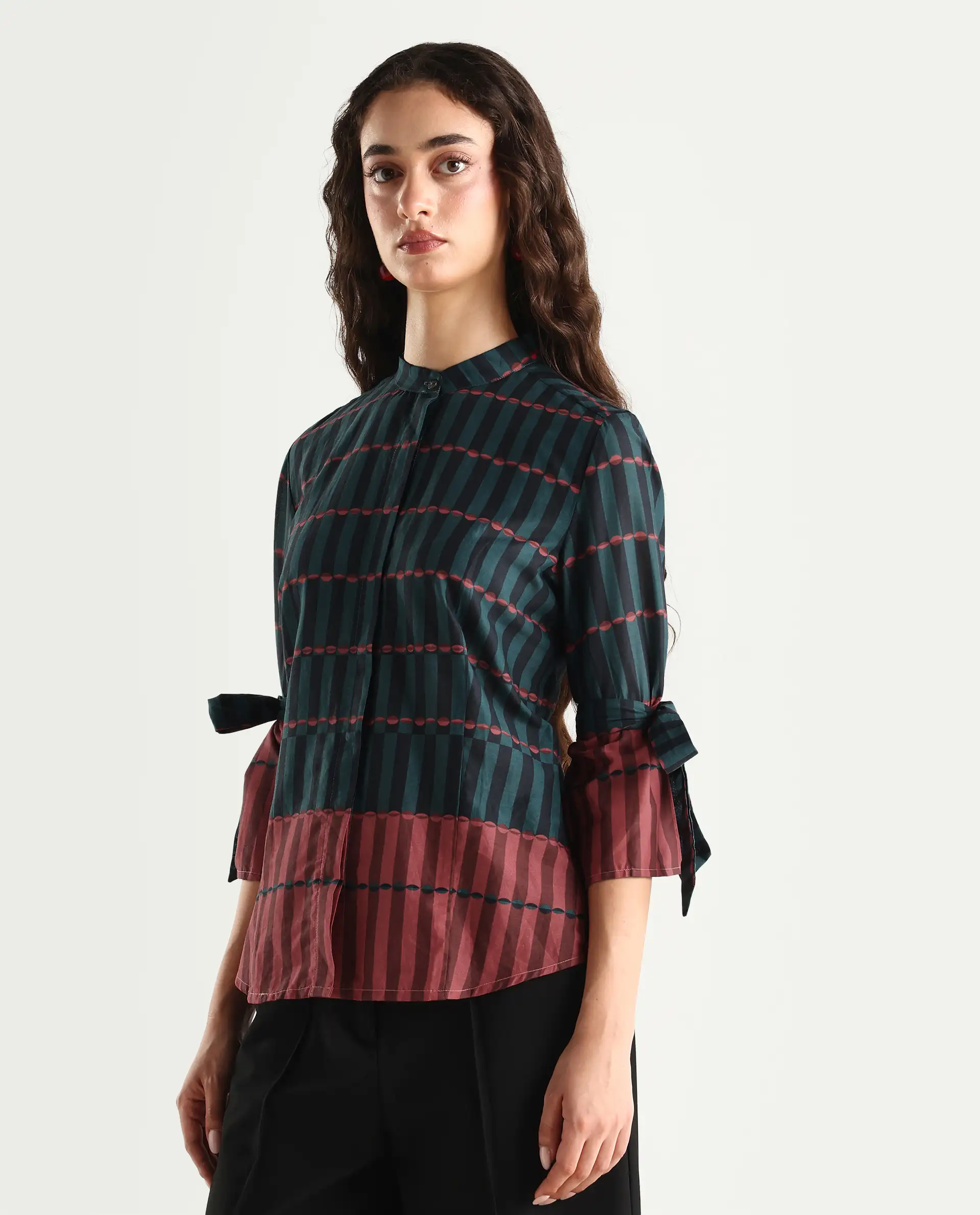 Rareism Women's Muraba Green Cotton Mandarin Collar Geometric Print Regular Fit Top - Image 4