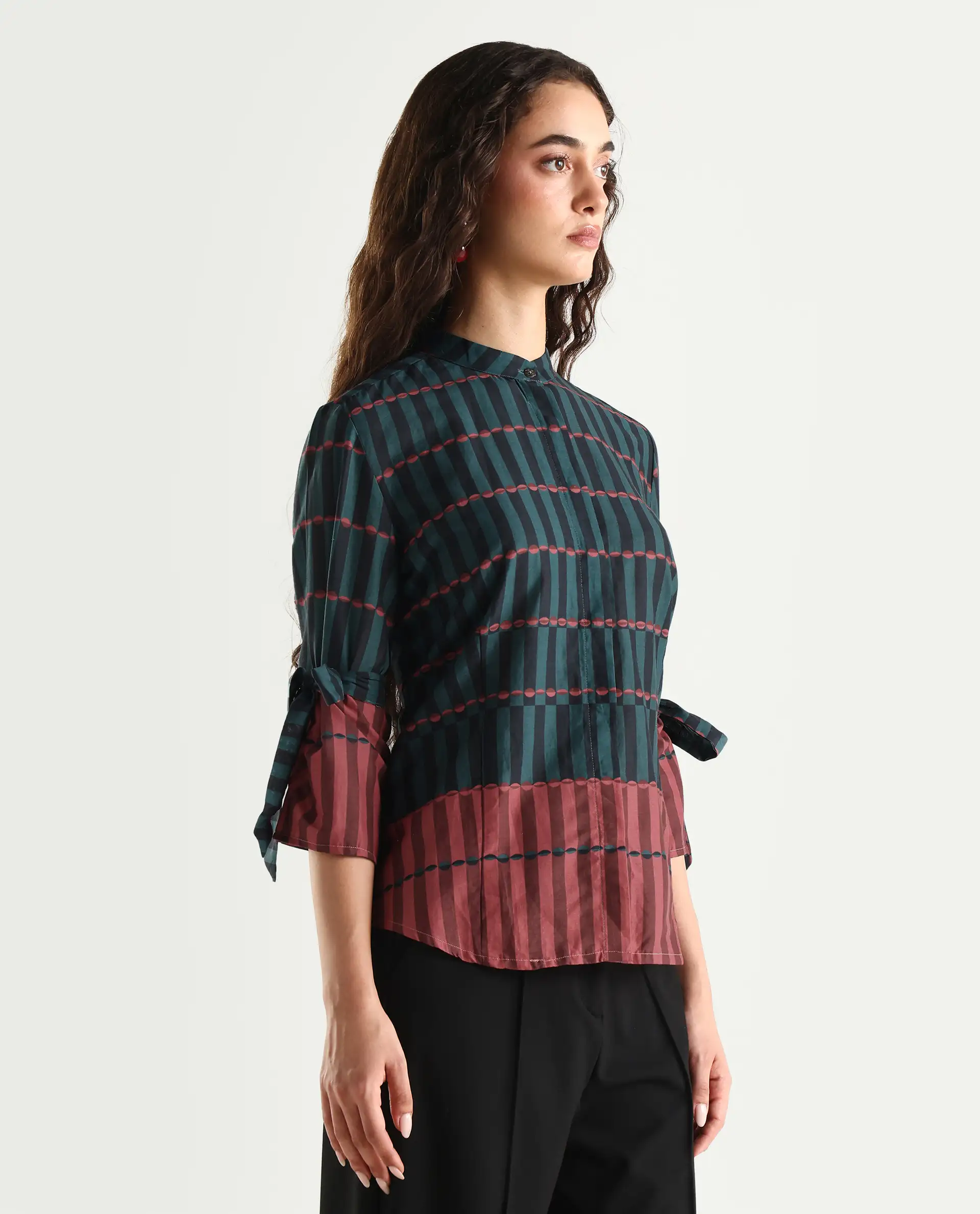 Rareism Women's Muraba Green Cotton Mandarin Collar Geometric Print Regular Fit Top - Image 5