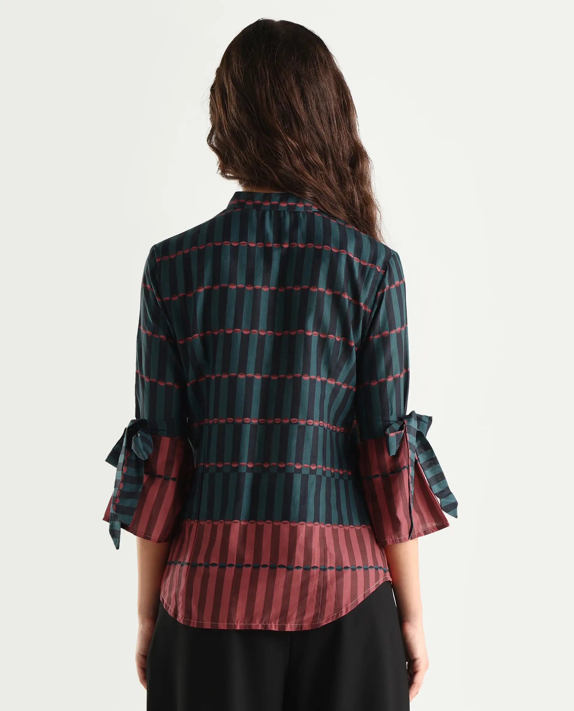 Rareism Women's Muraba Green Cotton Mandarin Collar Geometric Print Regular Fit Top - Image 6