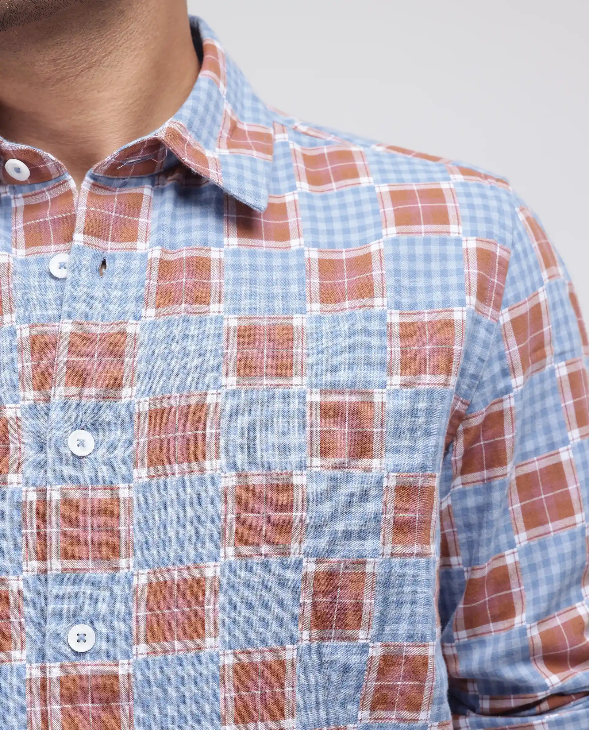 Rare Rabbit Men's Murcia Blue Cotton Checked Print Relaxed Fit Full Sleeve Collared Shirt - Image 3