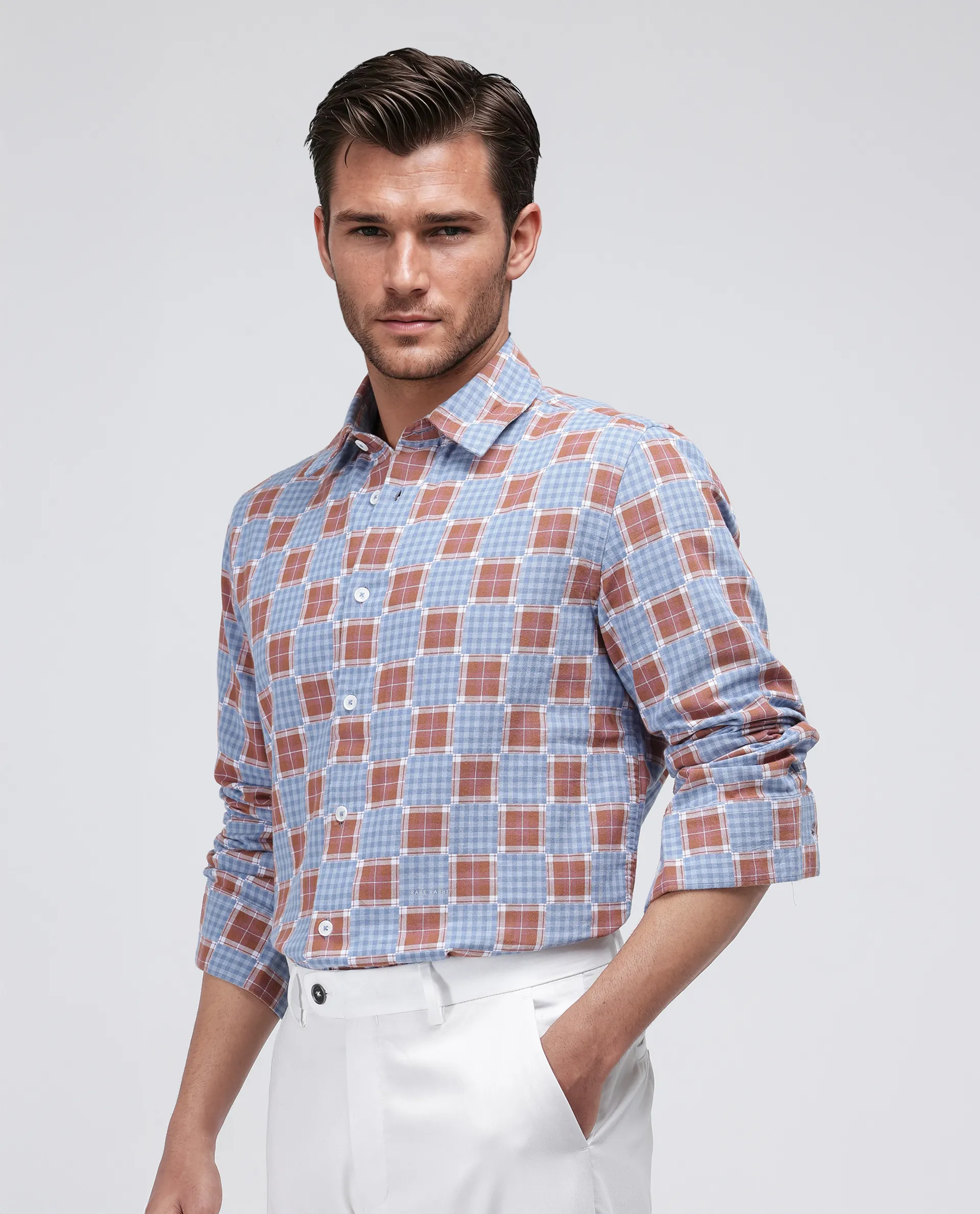 Rare Rabbit Men's Murcia Blue Cotton Checked Print Relaxed Fit Full Sleeve Collared Shirt - Image 5