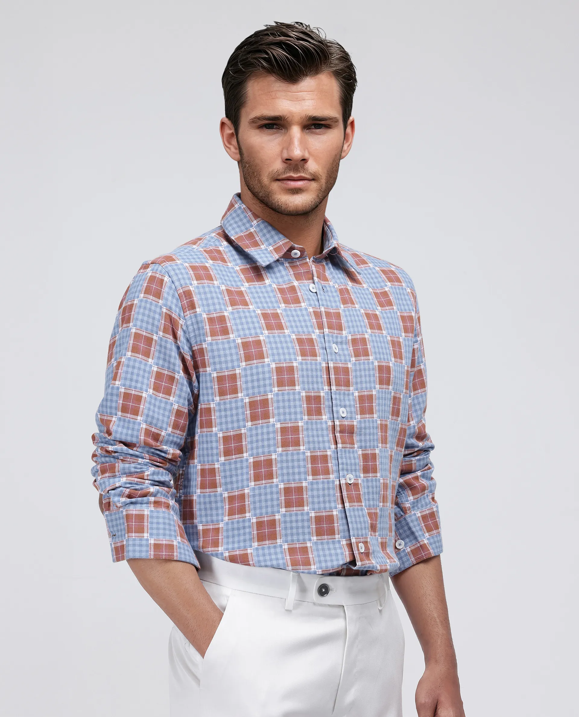 Rare Rabbit Men's Murcia Blue Cotton Checked Print Relaxed Fit Full Sleeve Collared Shirt - Image 6