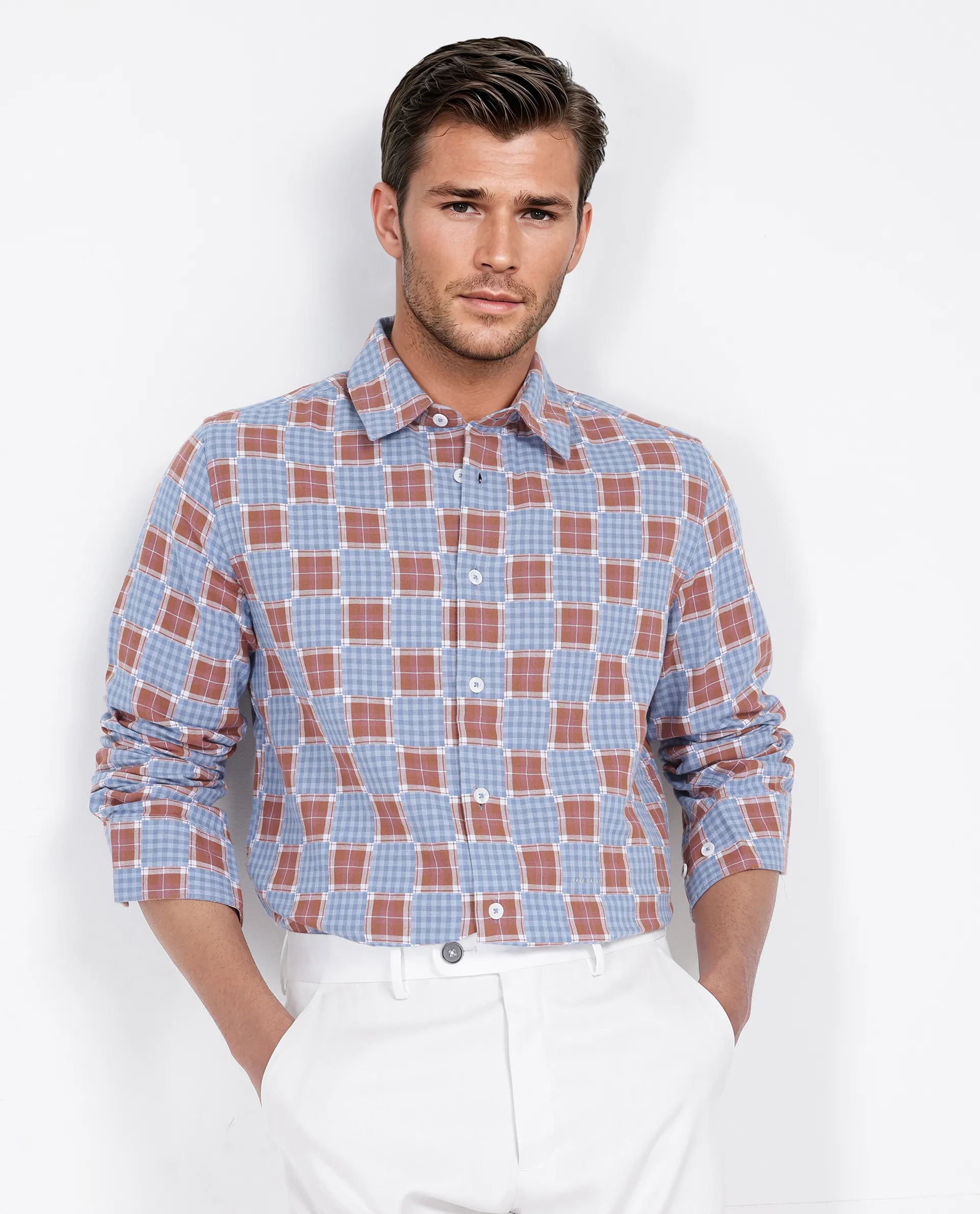 Rare Rabbit Men's Murcia Blue Cotton Checked Print Relaxed Fit Full Sleeve Collared Shirt - Image 8