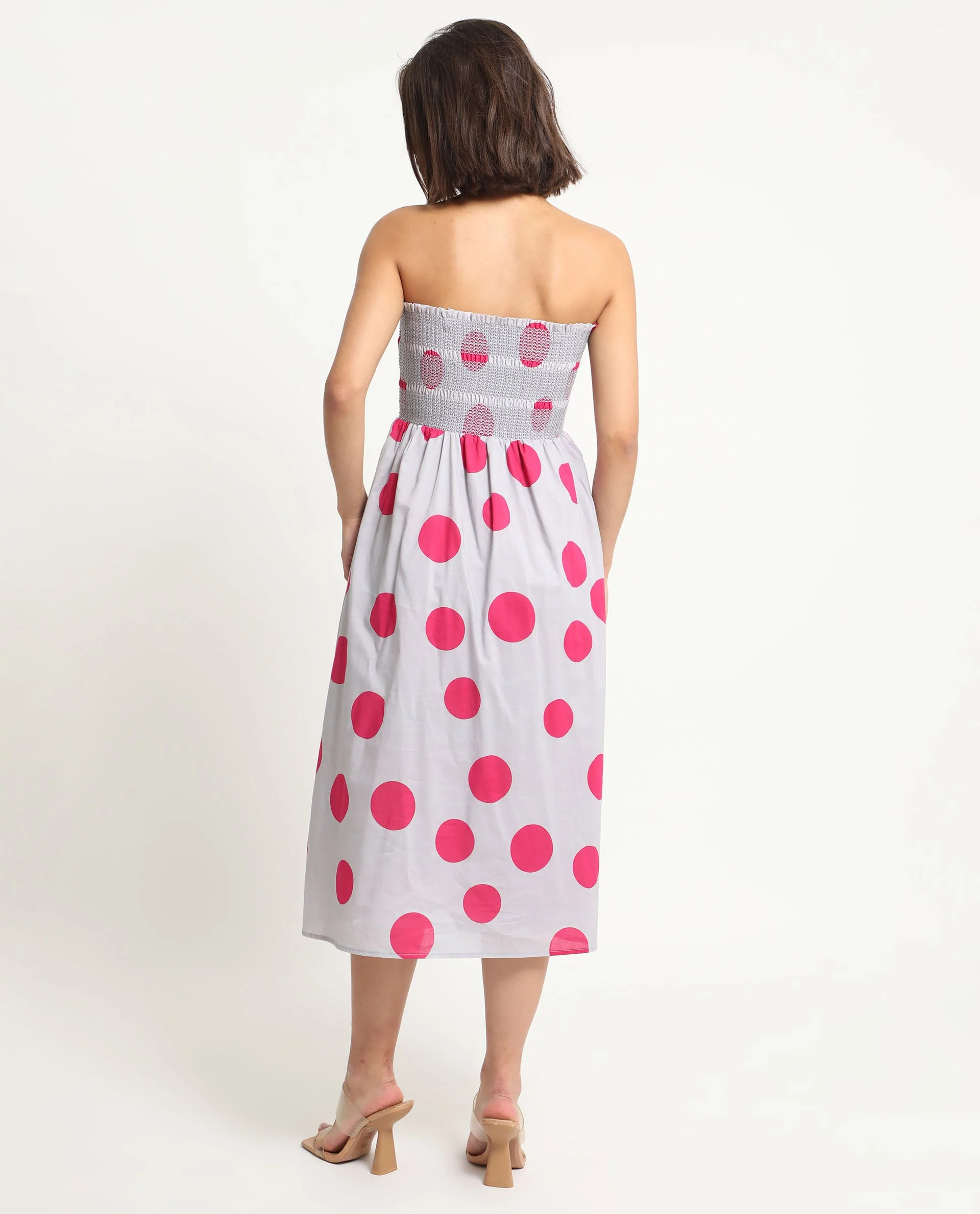 Rareism Women's Mureel Grey Cotton Shoulder Strap Polka Print Shoulder Strap Knee Length Fit And Flare Dress - Image 14