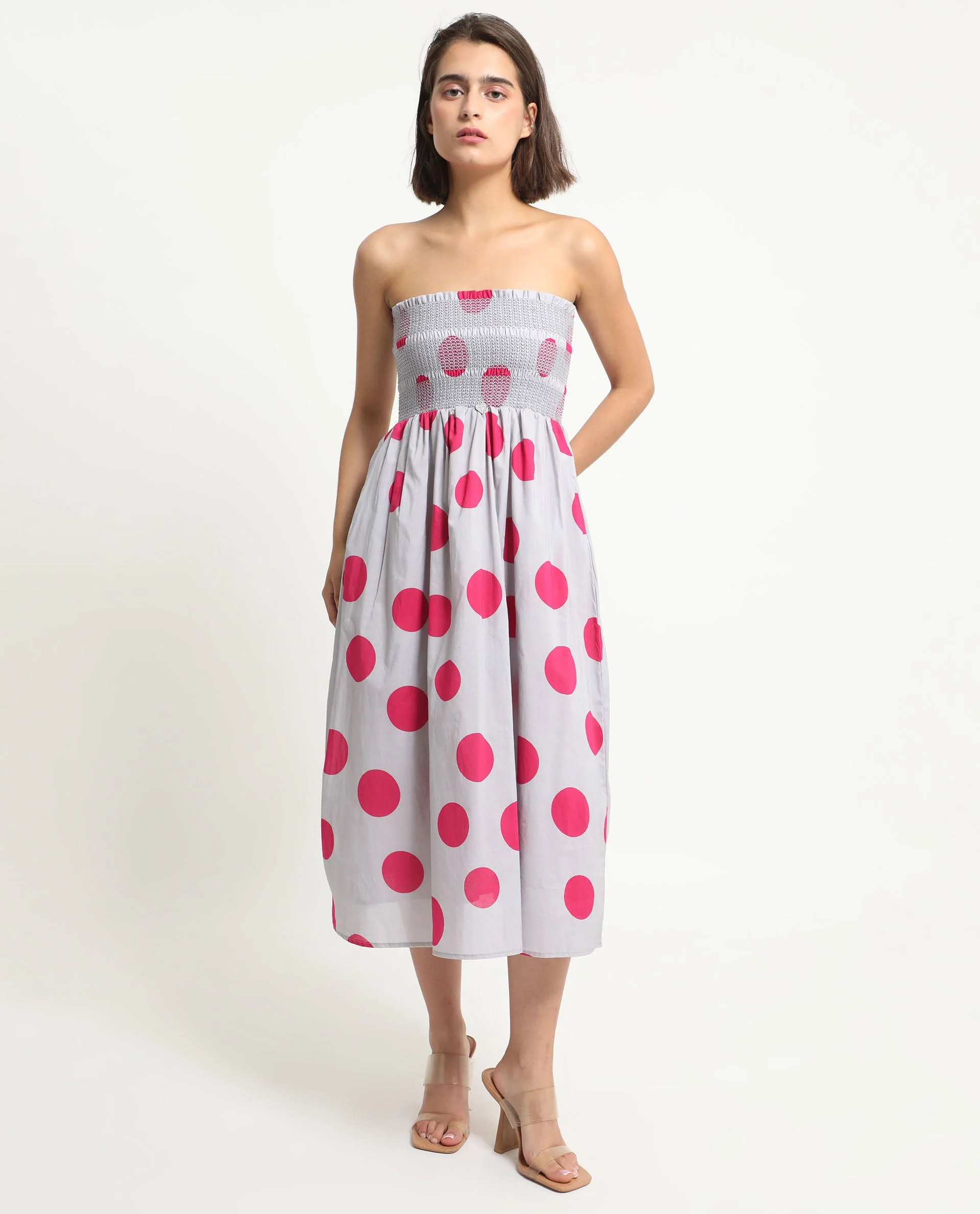 Rareism Women's Mureel Grey Cotton Shoulder Strap Polka Print Shoulder Strap Knee Length Fit And Flare Dress - Image 3