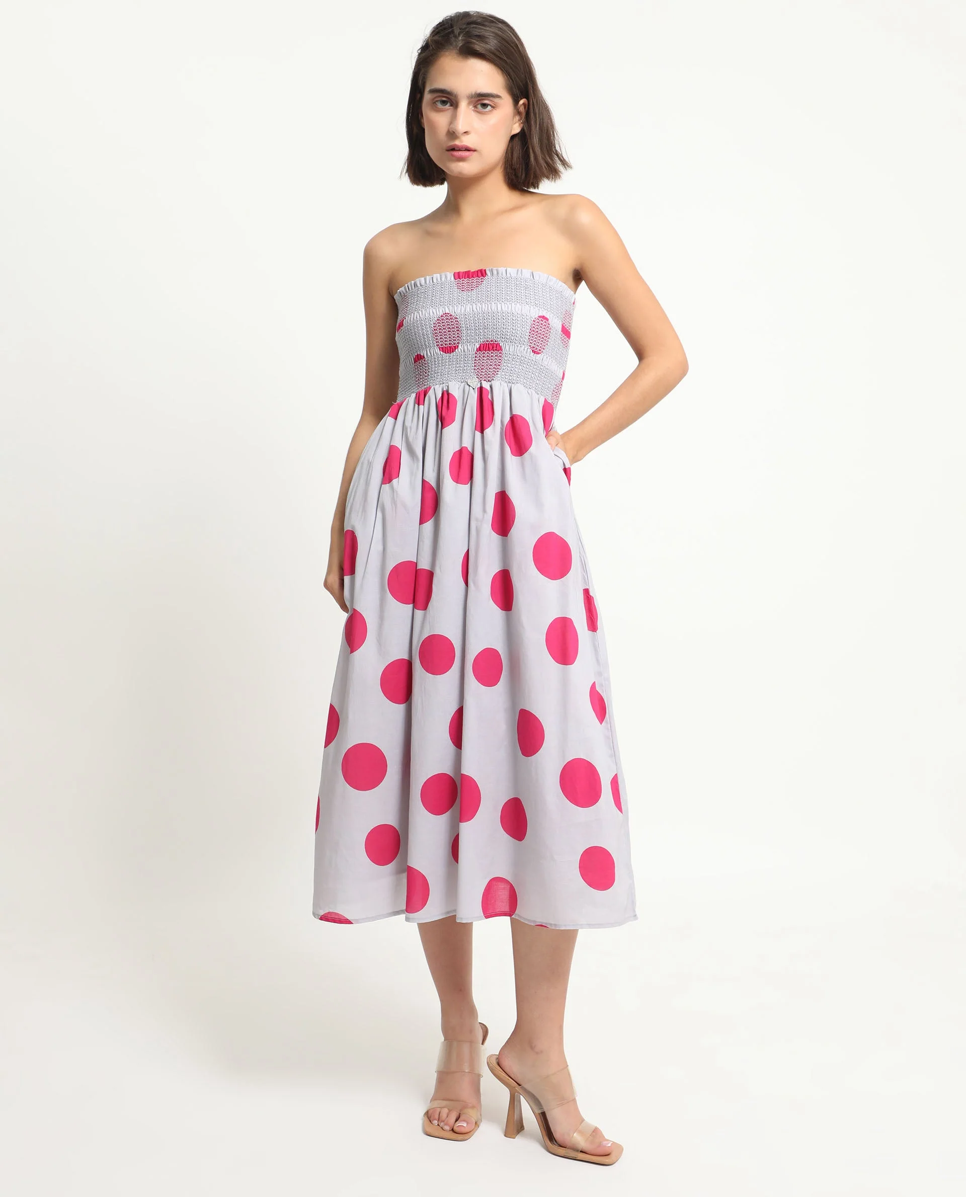 Rareism Women's Mureel Grey Cotton Shoulder Strap Polka Print Shoulder Strap Knee Length Fit And Flare Dress - Image 4