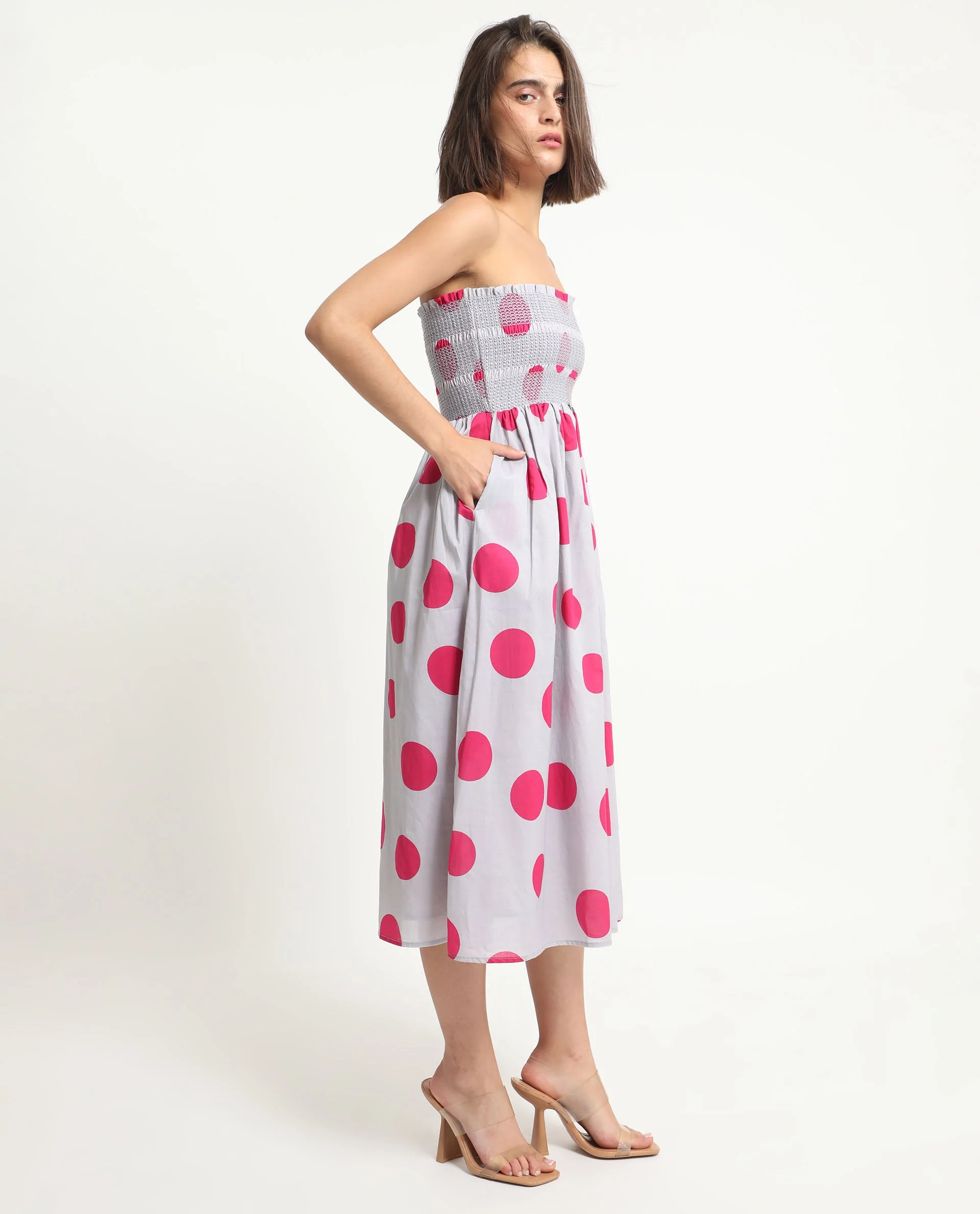 Rareism Women's Mureel Grey Cotton Shoulder Strap Polka Print Shoulder Strap Knee Length Fit And Flare Dress - Image 6