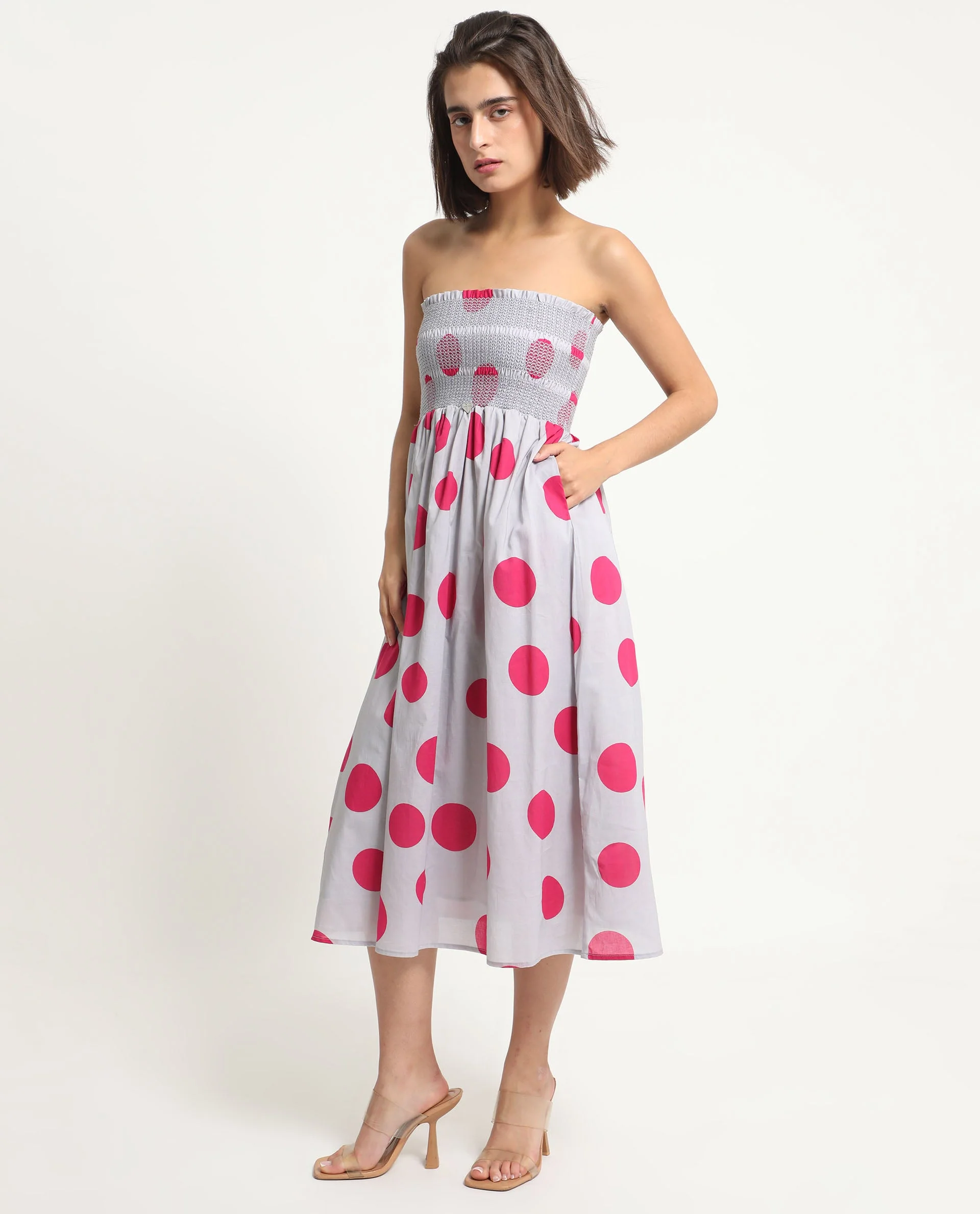 Rareism Women's Mureel Grey Cotton Shoulder Strap Polka Print Shoulder Strap Knee Length Fit And Flare Dress - Image 9