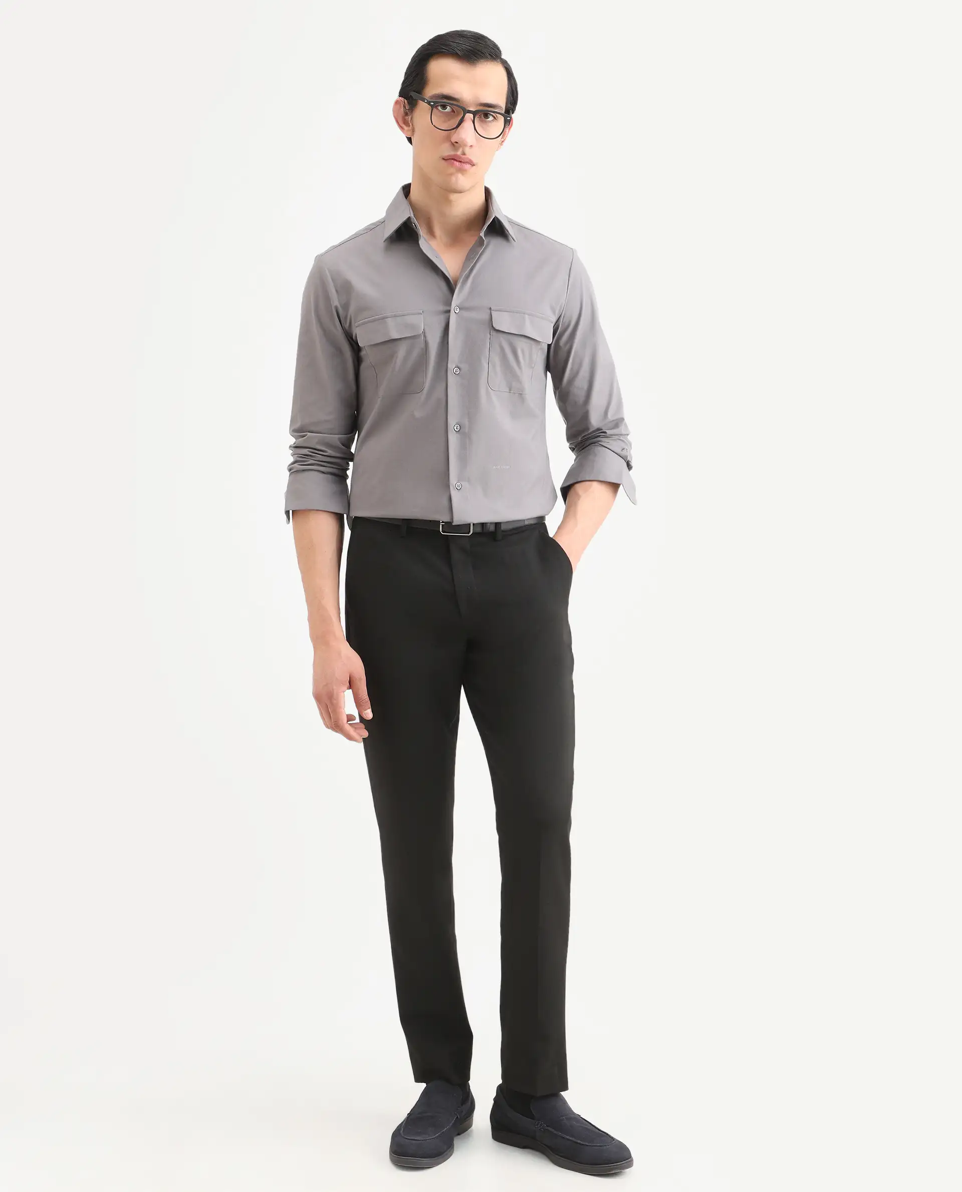 Rare Rabbit Men's Murp Dark Grey Polyester Blend Plain Regular Fit Full Sleeve Collared Shirt - Image 2