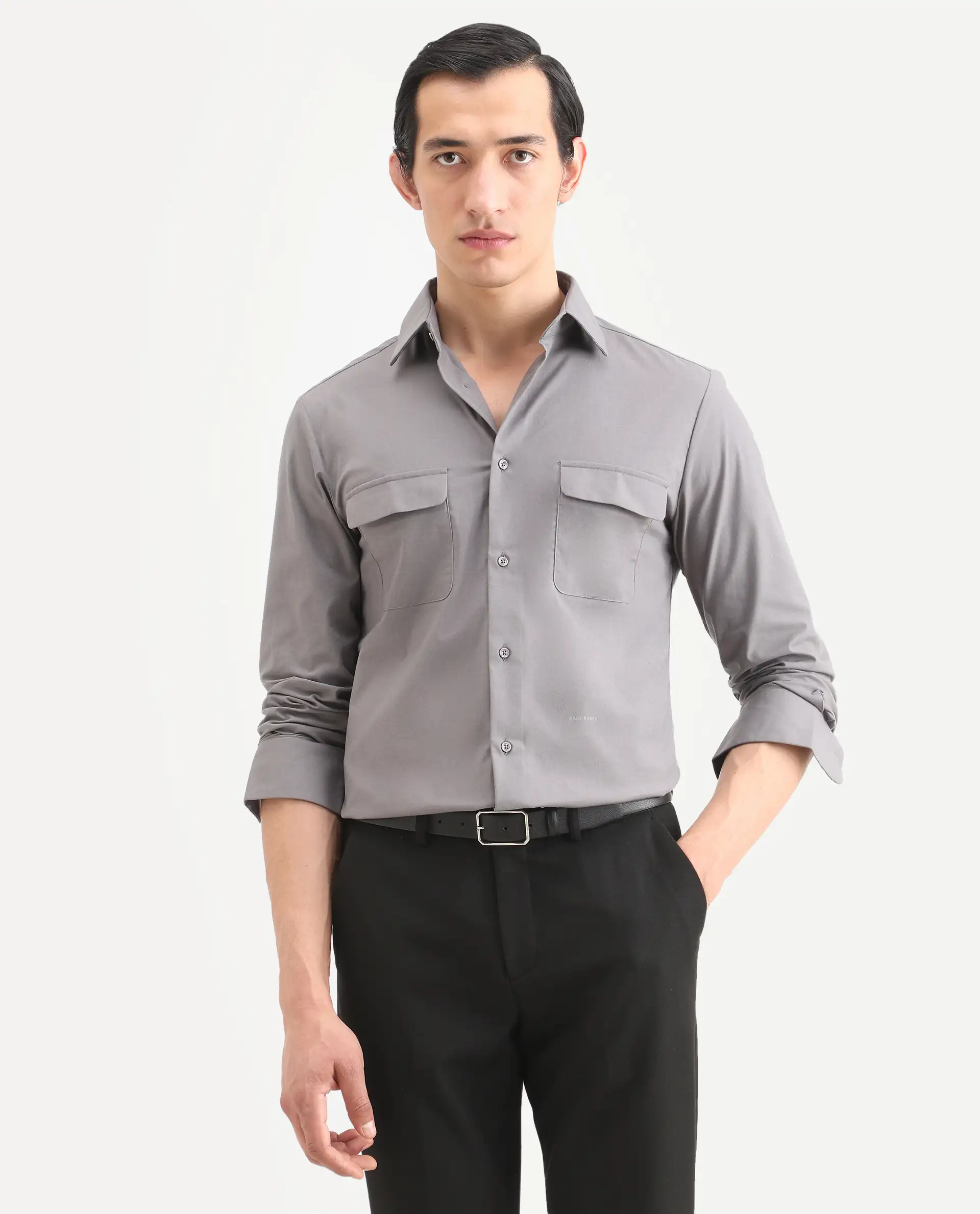 Rare Rabbit Men's Murp Dark Grey Polyester Blend Plain Regular Fit Full Sleeve Collared Shirt - Image 3