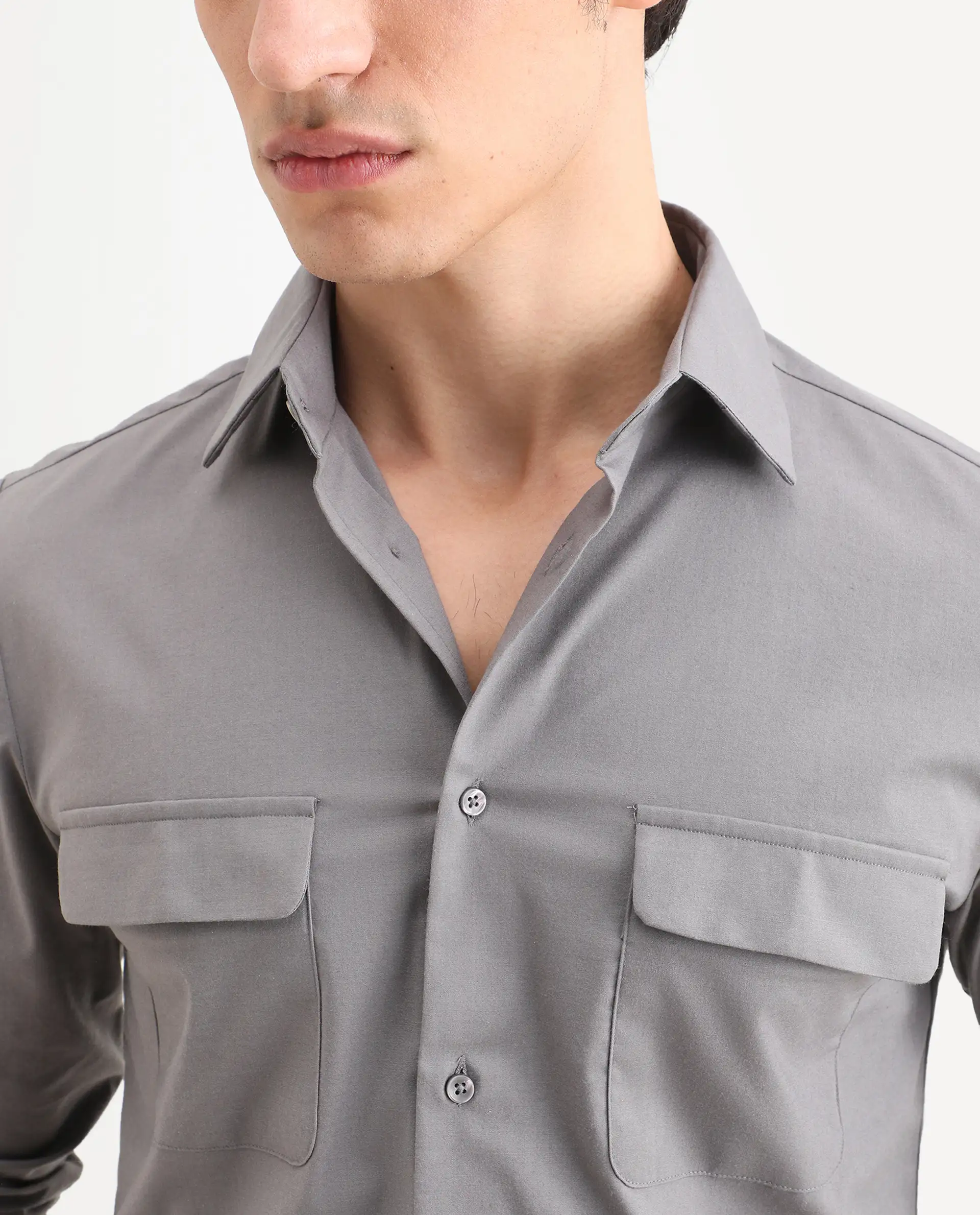 Rare Rabbit Men's Murp Dark Grey Polyester Blend Plain Regular Fit Full Sleeve Collared Shirt - Image 4
