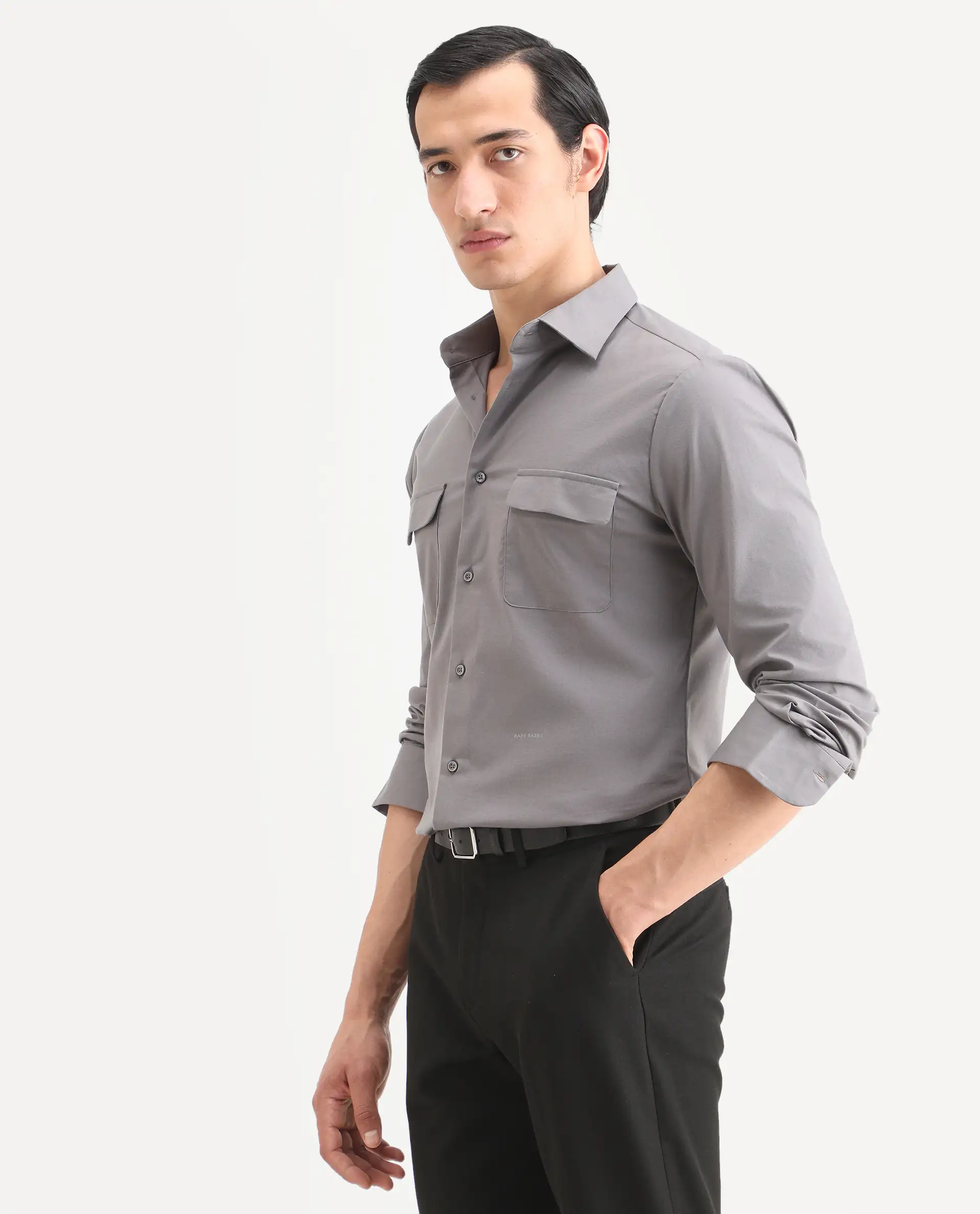 Rare Rabbit Men's Murp Dark Grey Polyester Blend Plain Regular Fit Full Sleeve Collared Shirt - Image 5