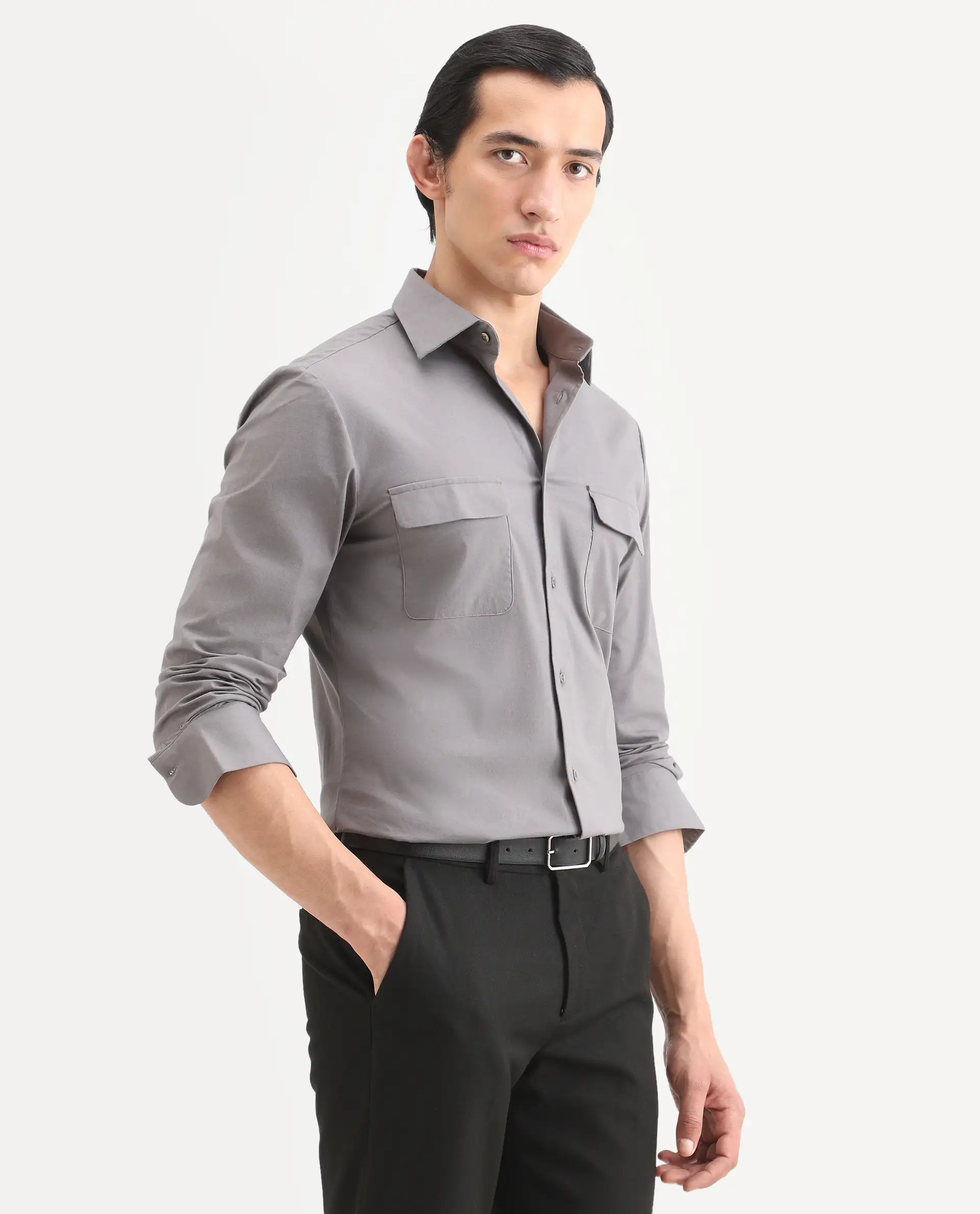 Rare Rabbit Men's Murp Dark Grey Polyester Blend Plain Regular Fit Full Sleeve Collared Shirt - Image 6