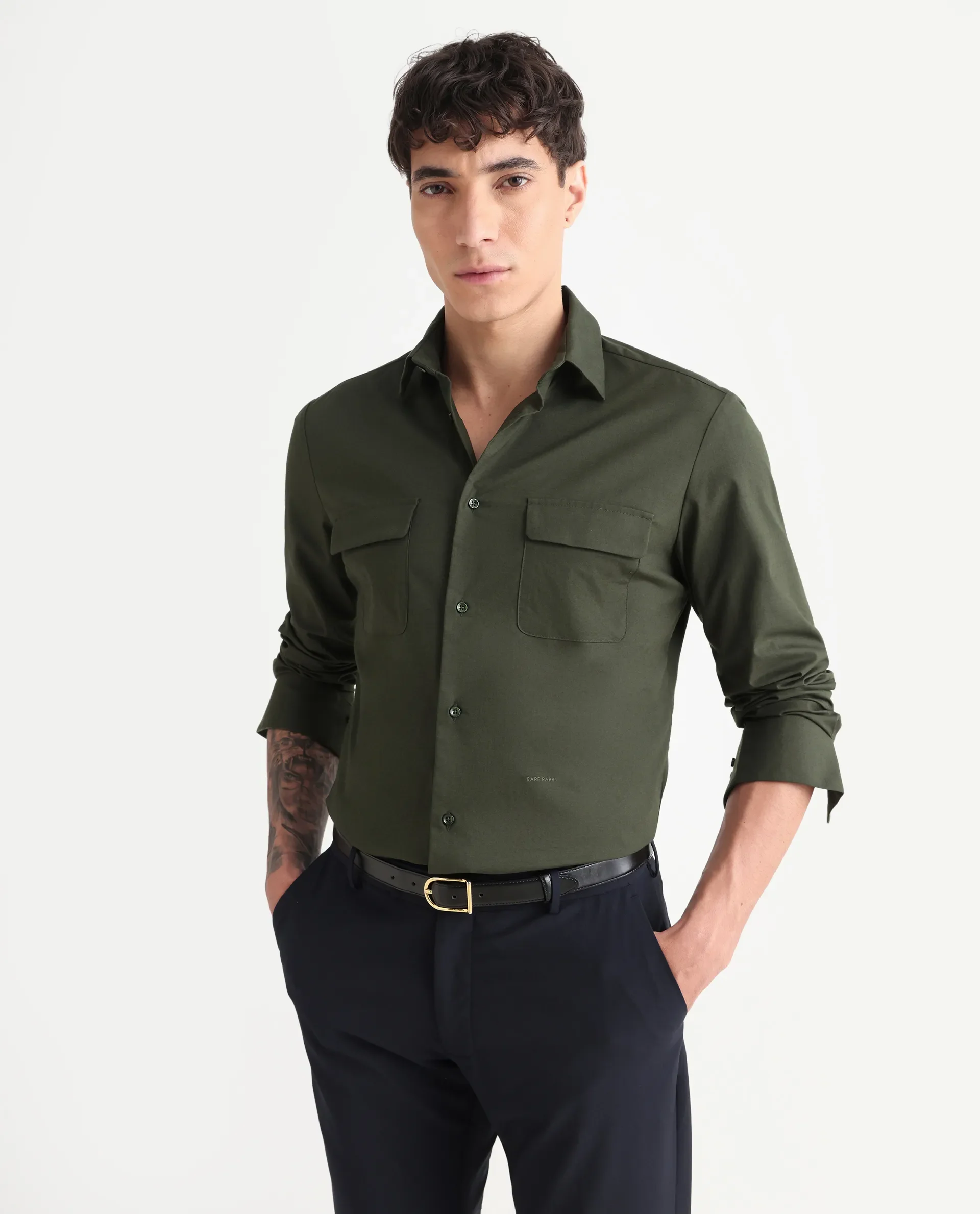 Rare Rabbit Men's Murp Olive Polyester Blend Plain Regular Fit Full Sleeve Collared Shirt