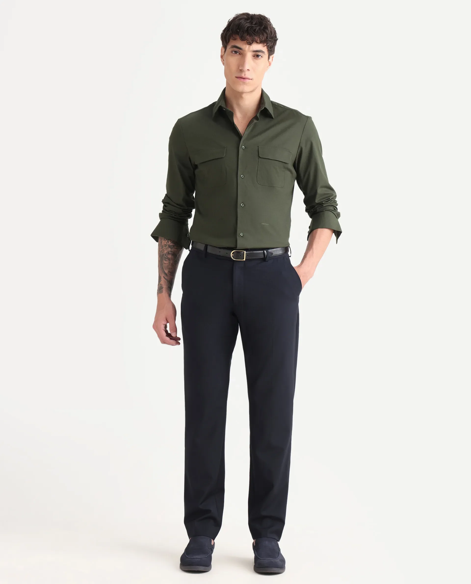 Rare Rabbit Men's Murp Olive Polyester Blend Plain Regular Fit Full Sleeve Collared Shirt - Image 2