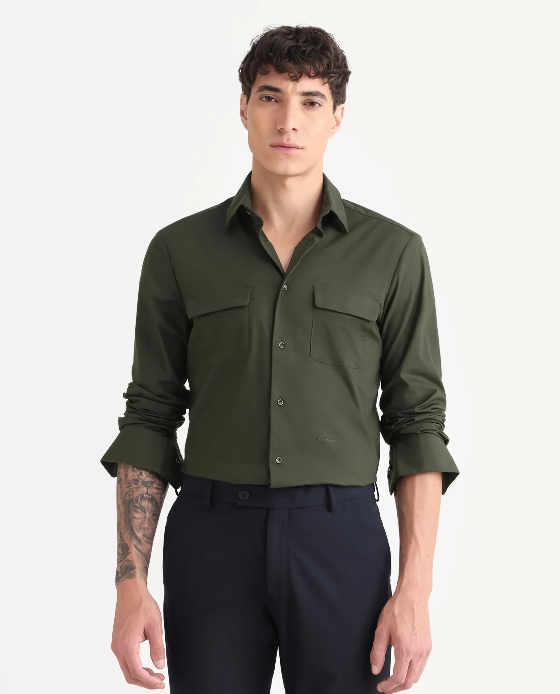 Rare Rabbit Men's Murp Olive Polyester Blend Plain Regular Fit Full Sleeve Collared Shirt - Image 4