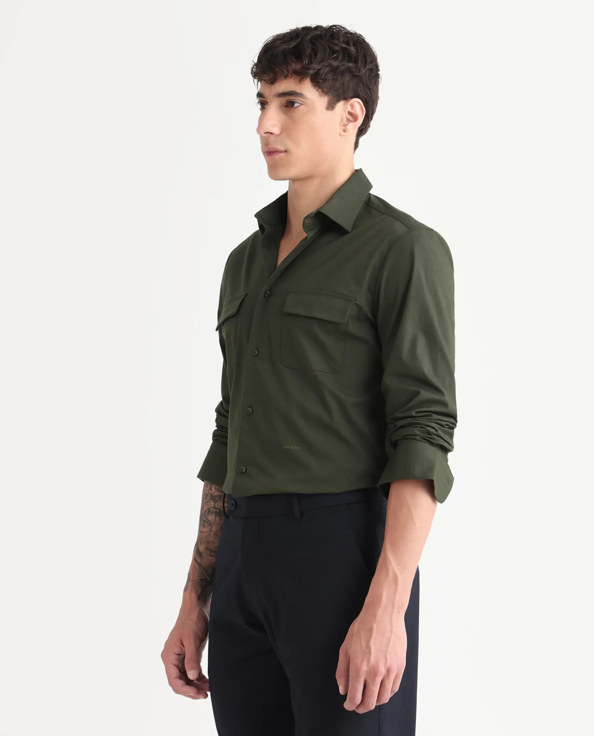Rare Rabbit Men's Murp Olive Polyester Blend Plain Regular Fit Full Sleeve Collared Shirt - Image 5