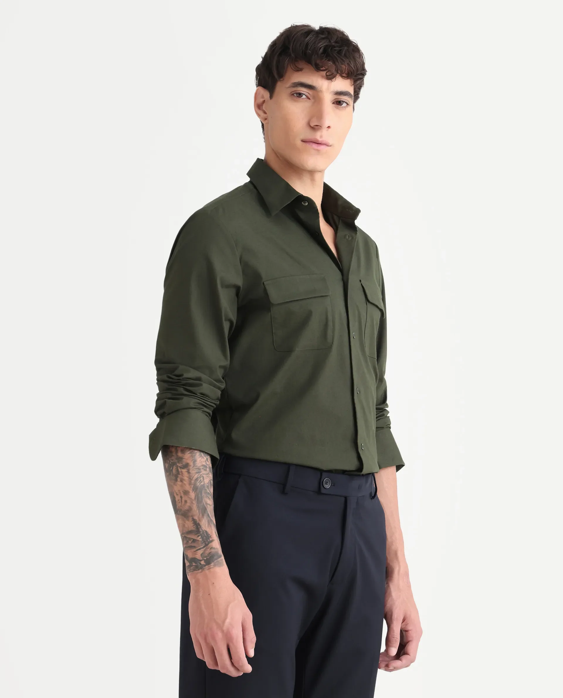 Rare Rabbit Men's Murp Olive Polyester Blend Plain Regular Fit Full Sleeve Collared Shirt - Image 6