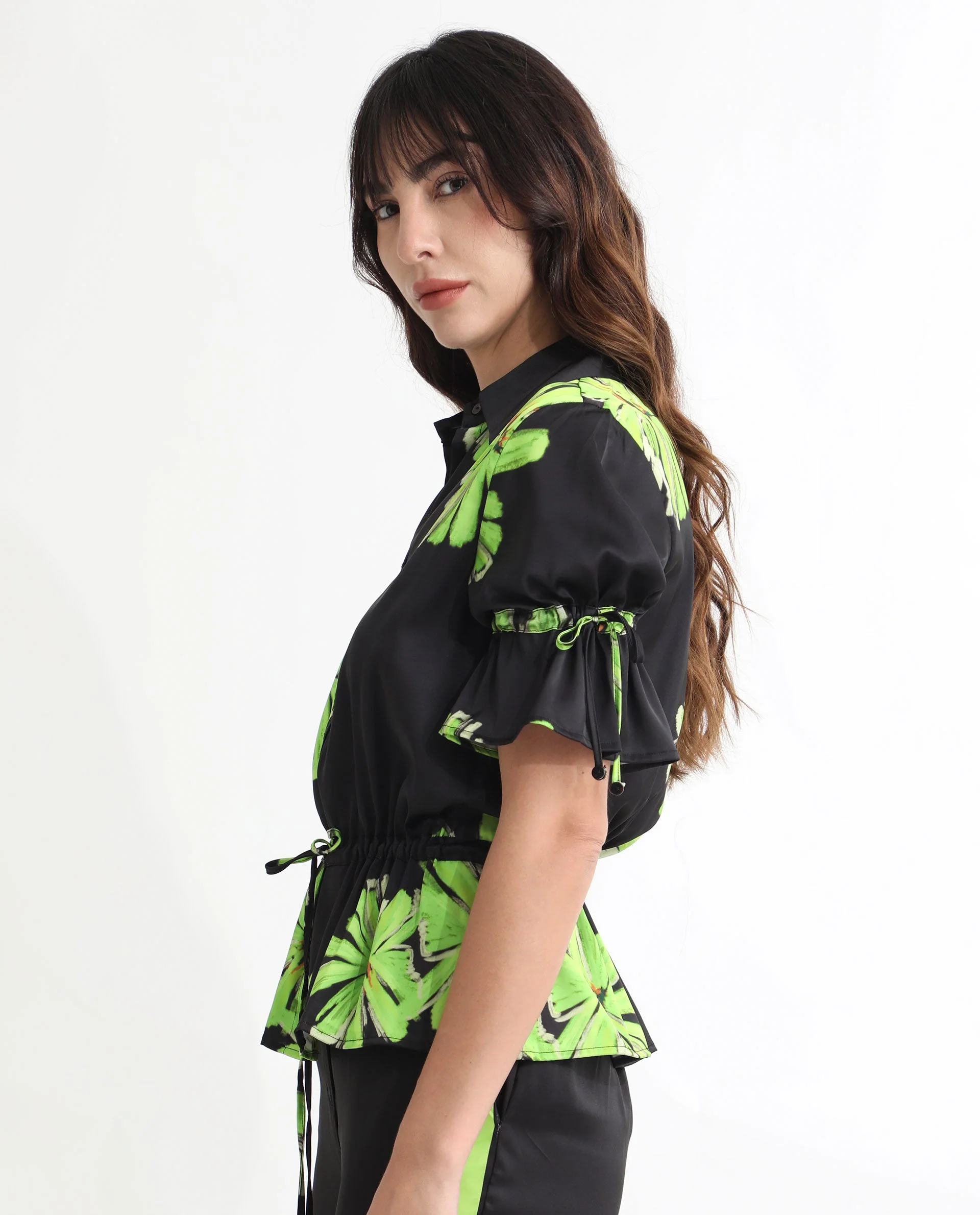 Rareism Women's Murphy Black Polyester Spread Collar Floral Print Regular Fit Top - Image 5