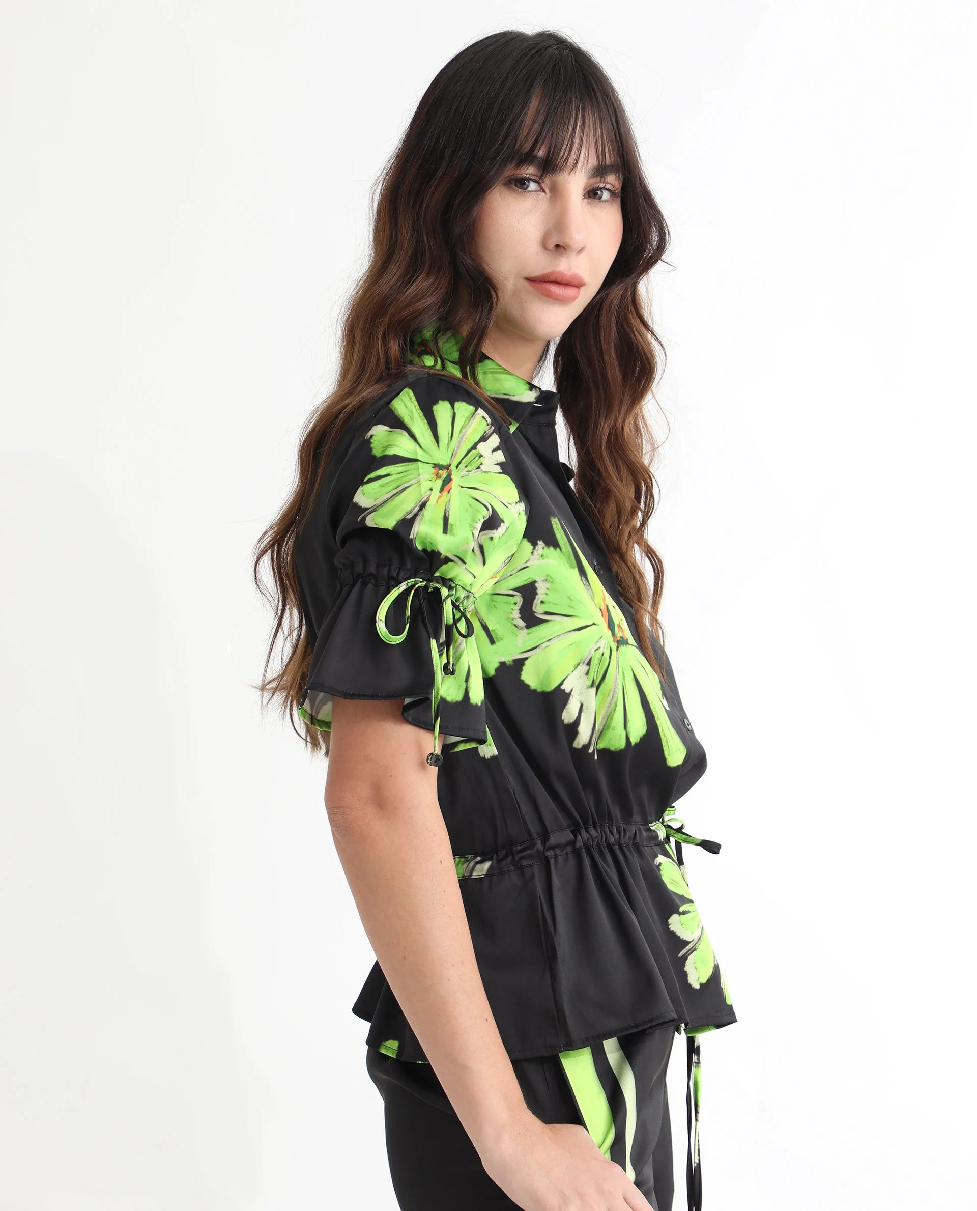 Rareism Women's Murphy Black Polyester Spread Collar Floral Print Regular Fit Top - Image 7