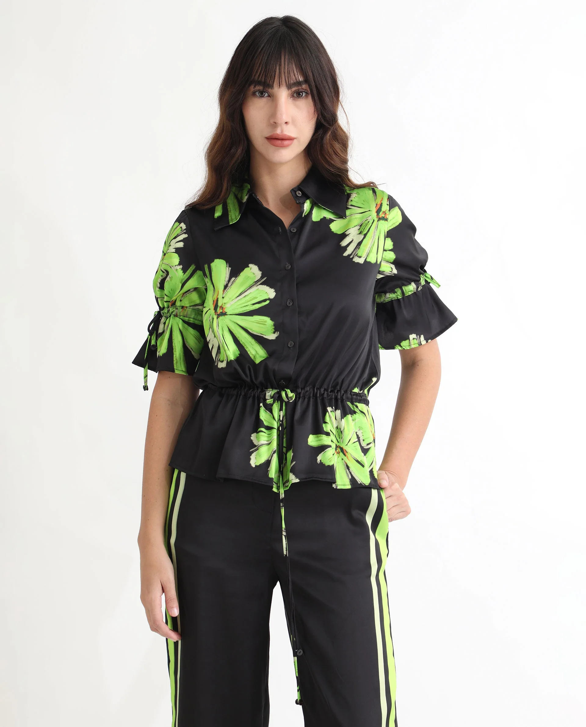 Rareism Women's Murphy Black Polyester Spread Collar Floral Print Regular Fit Top - Image 8