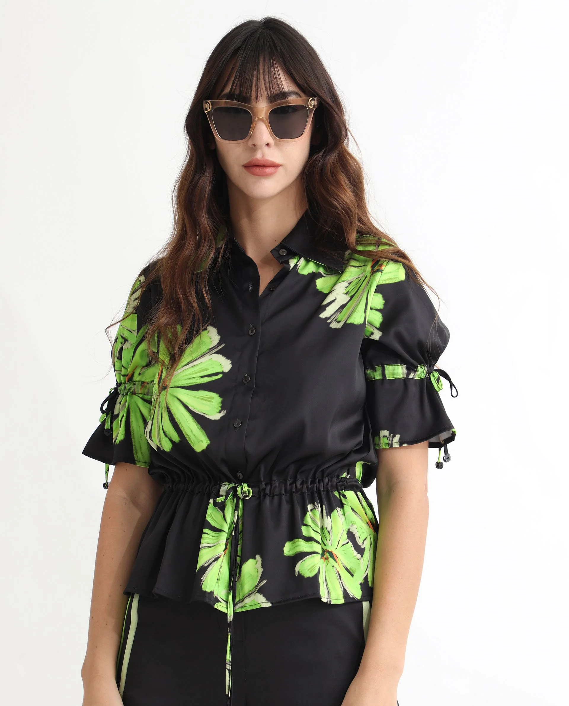 Rareism Women's Murphy Black Polyester Spread Collar Floral Print Regular Fit Top - Image 9