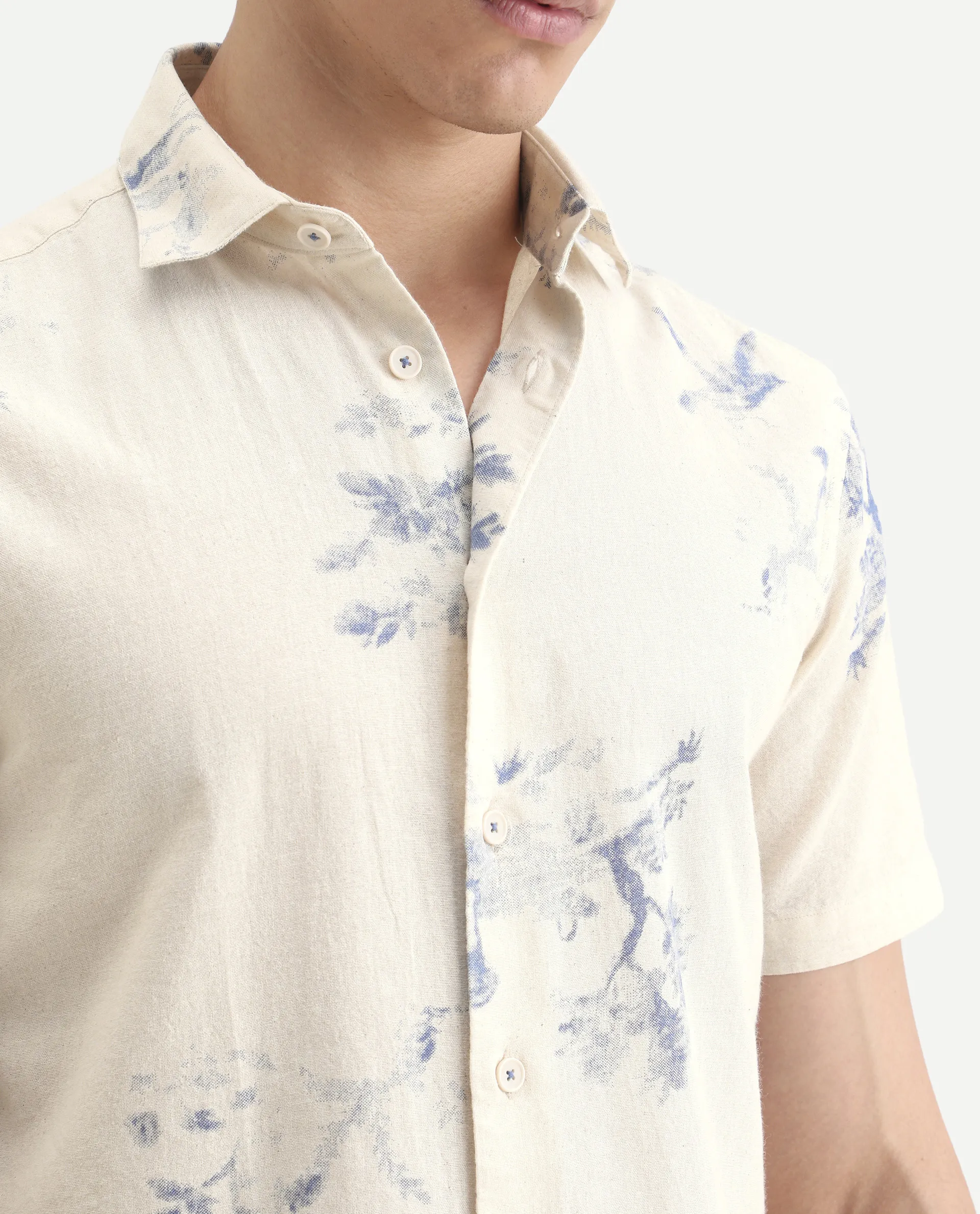 Rare Rabbit Men's Murpo Blue Cotton Fabric Half Sleeve Spread Collar Regular Fit Shirt - Image 3
