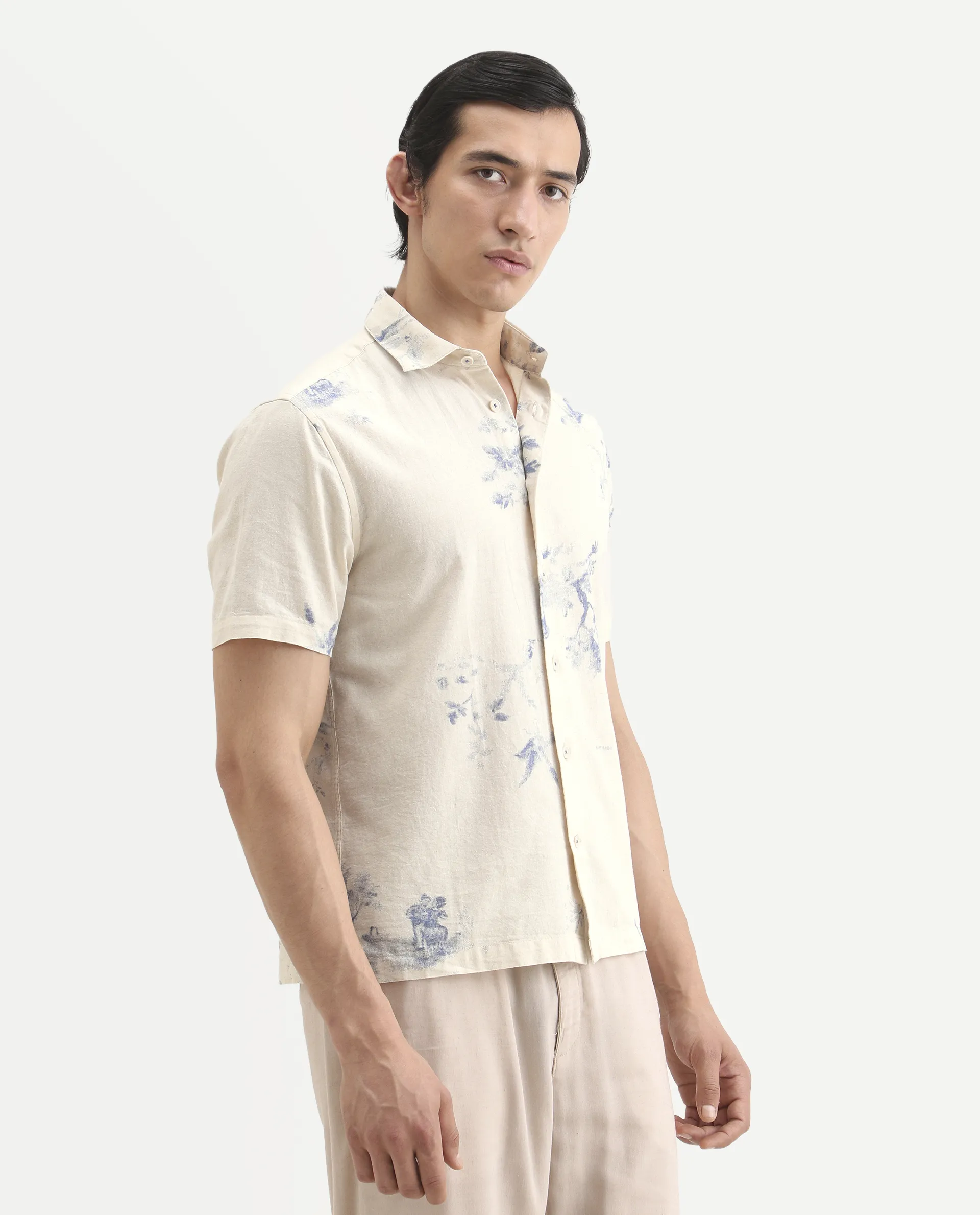 Rare Rabbit Men's Murpo Blue Cotton Fabric Half Sleeve Spread Collar Regular Fit Shirt - Image 5