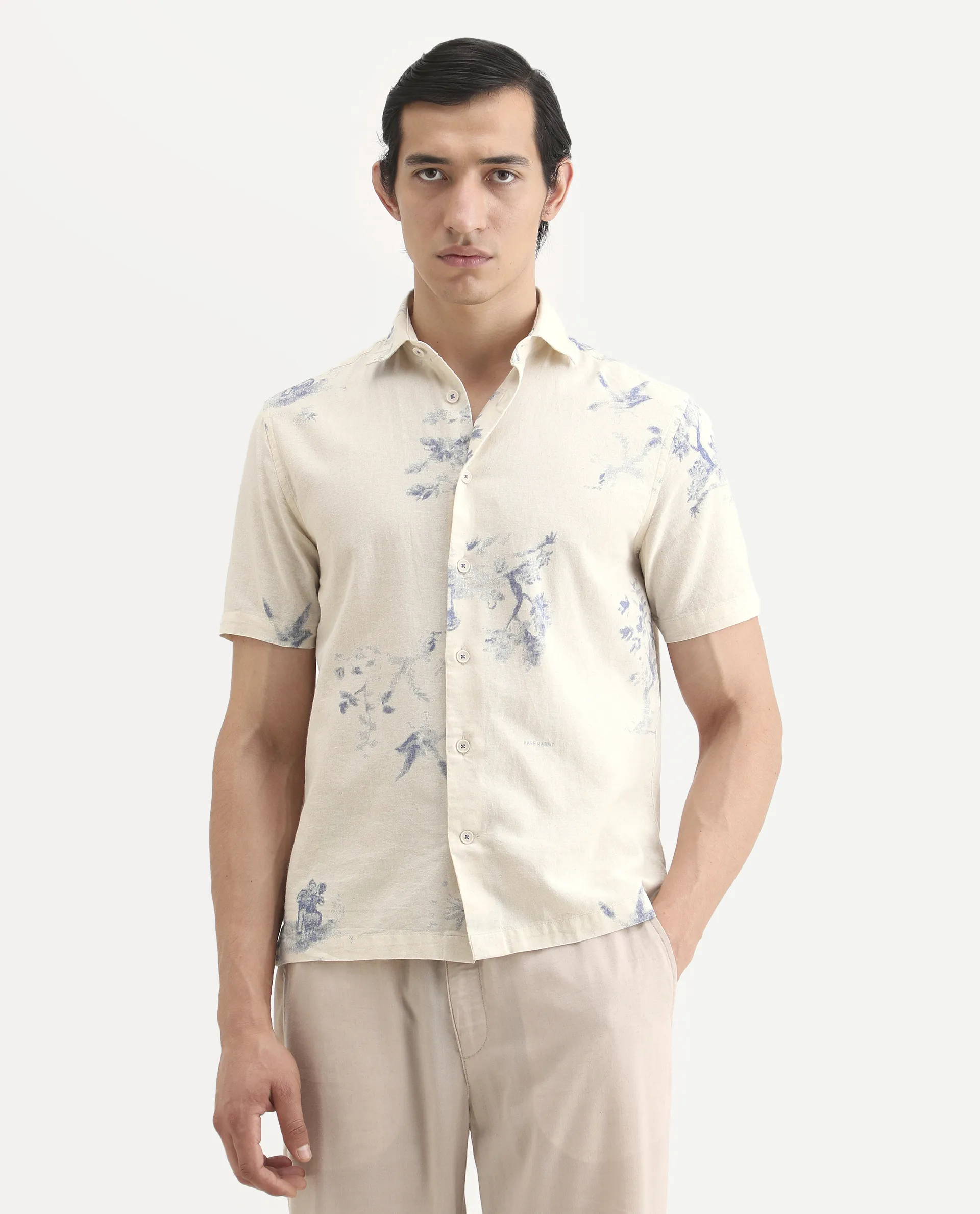 Rare Rabbit Men's Murpo Blue Cotton Fabric Half Sleeve Spread Collar Regular Fit Shirt - Image 7