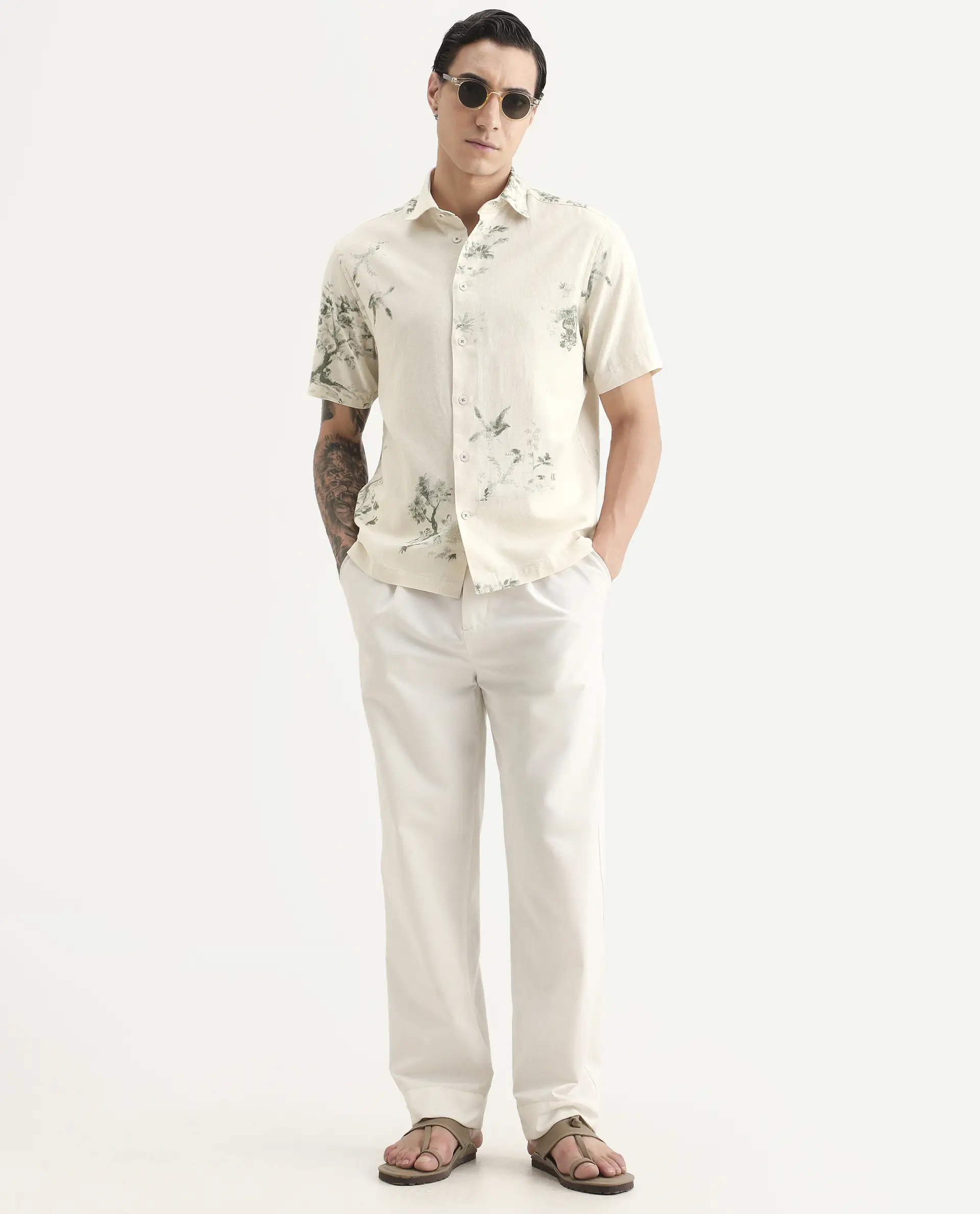 Rare Rabbit Men's Murpo Green Cotton Fabric Half Sleeve Spread Collar Regular Fit Printed Shirt - Image 2