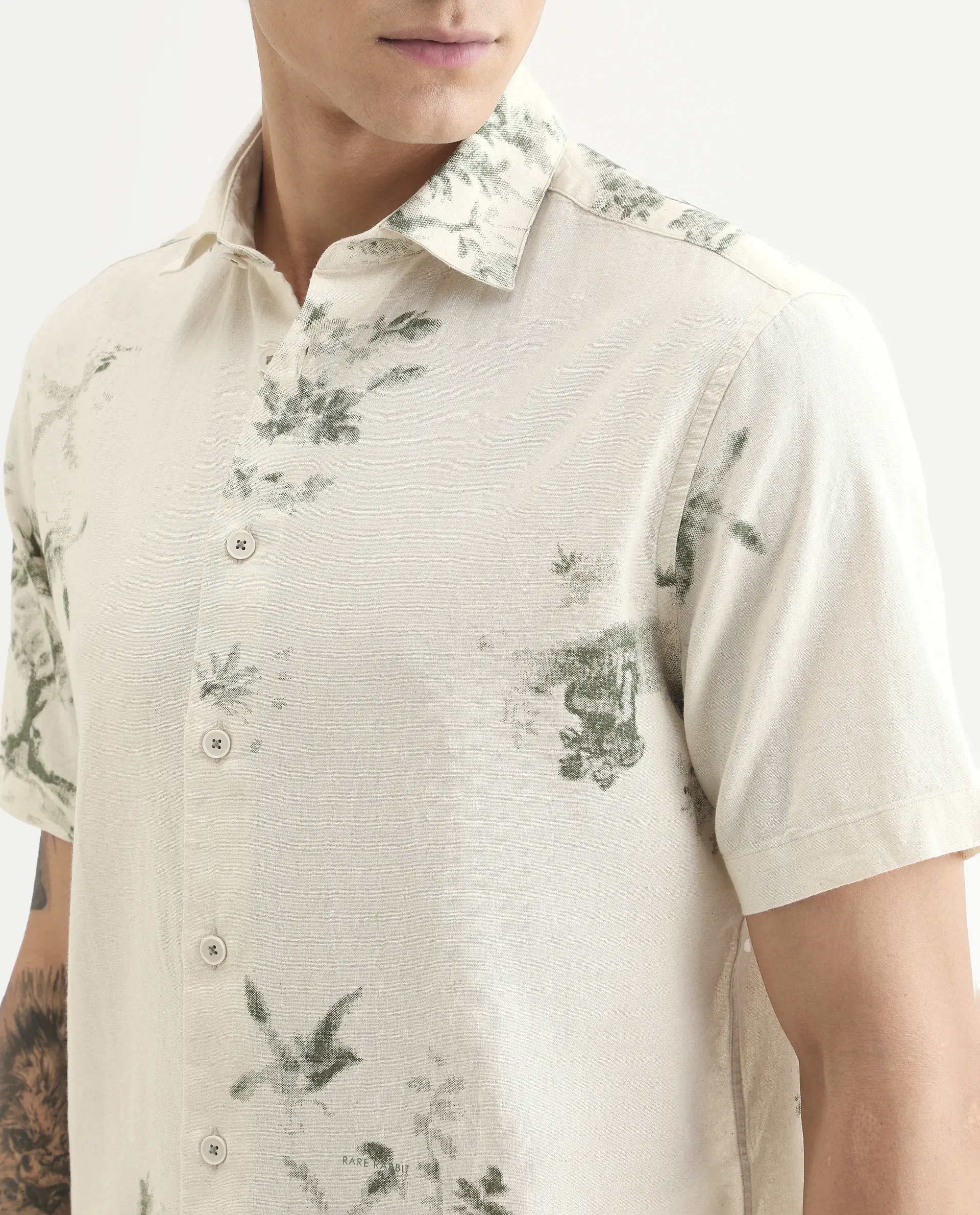 Rare Rabbit Men's Murpo Green Cotton Fabric Half Sleeve Spread Collar Regular Fit Printed Shirt - Image 3