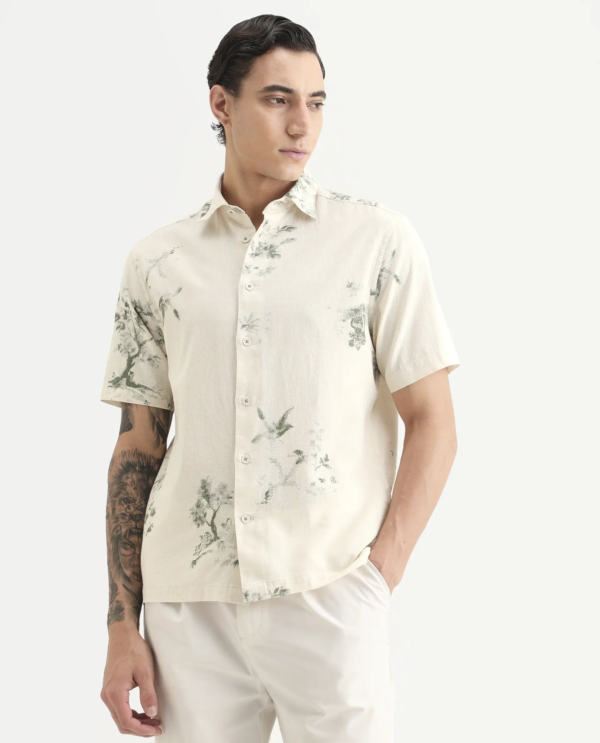 Rare Rabbit Men's Murpo Green Cotton Fabric Half Sleeve Spread Collar Regular Fit Printed Shirt - Image 4