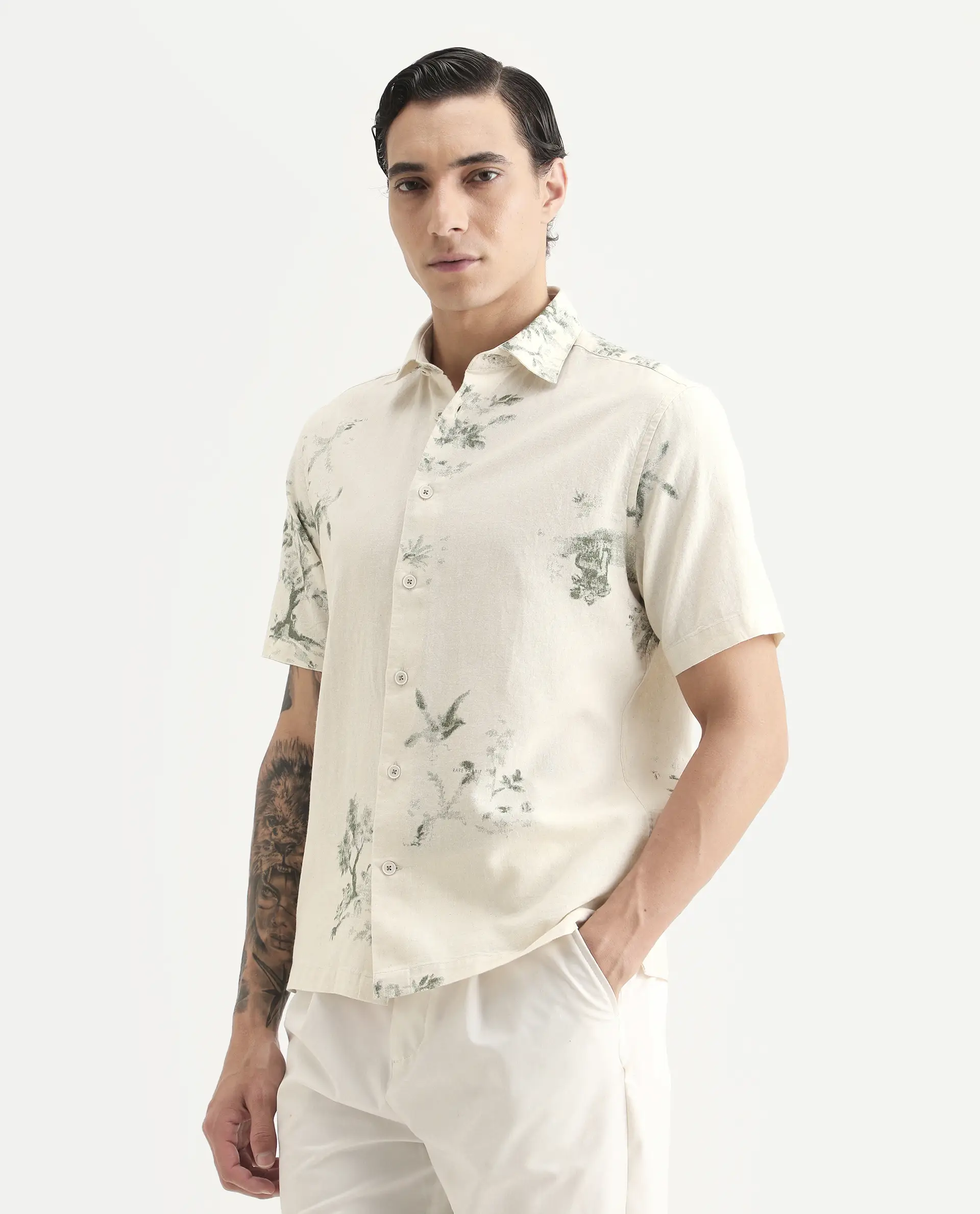 Rare Rabbit Men's Murpo Green Cotton Fabric Half Sleeve Spread Collar Regular Fit Printed Shirt - Image 5