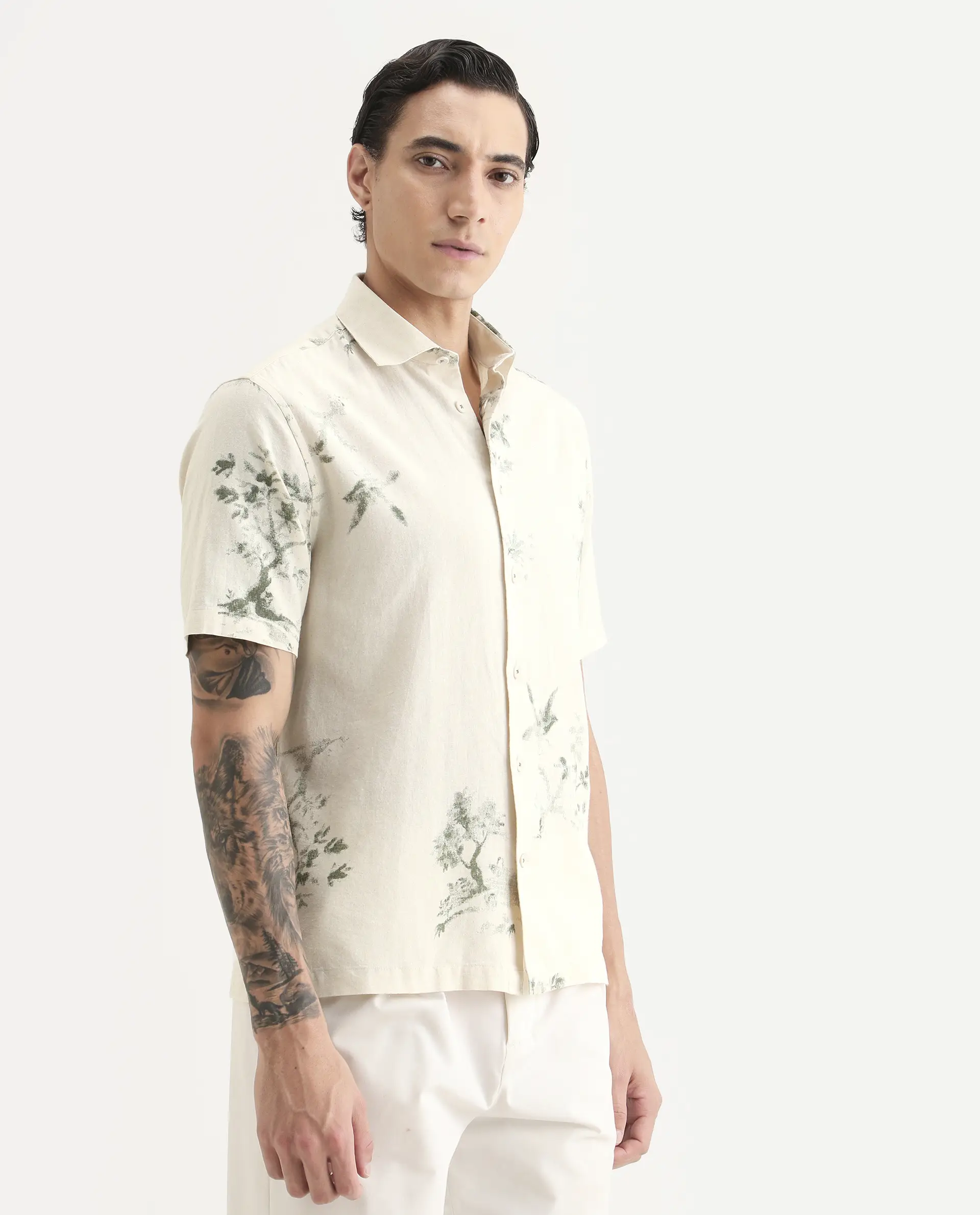 Rare Rabbit Men's Murpo Green Cotton Fabric Half Sleeve Spread Collar Regular Fit Printed Shirt - Image 6