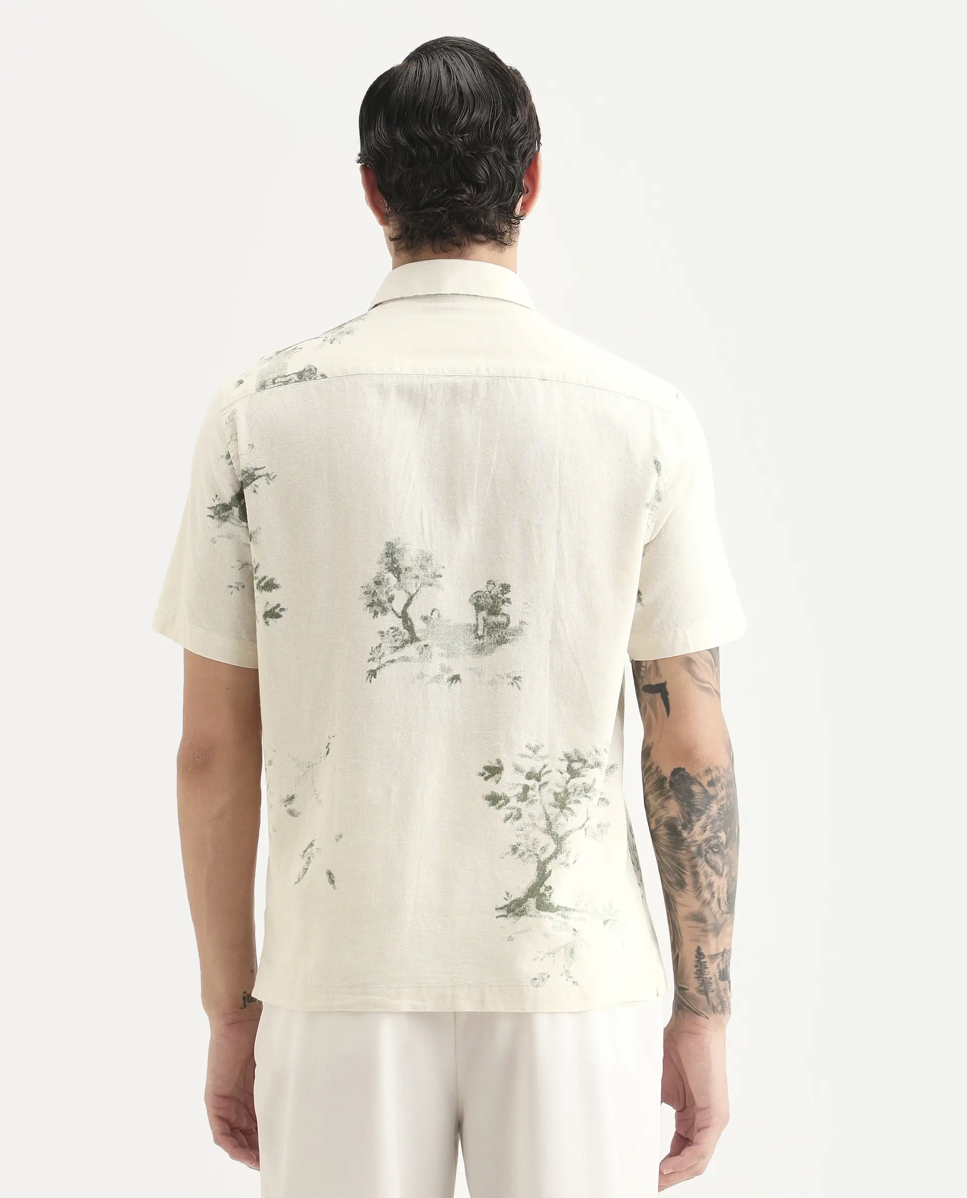 Rare Rabbit Men's Murpo Green Cotton Fabric Half Sleeve Spread Collar Regular Fit Printed Shirt - Image 7