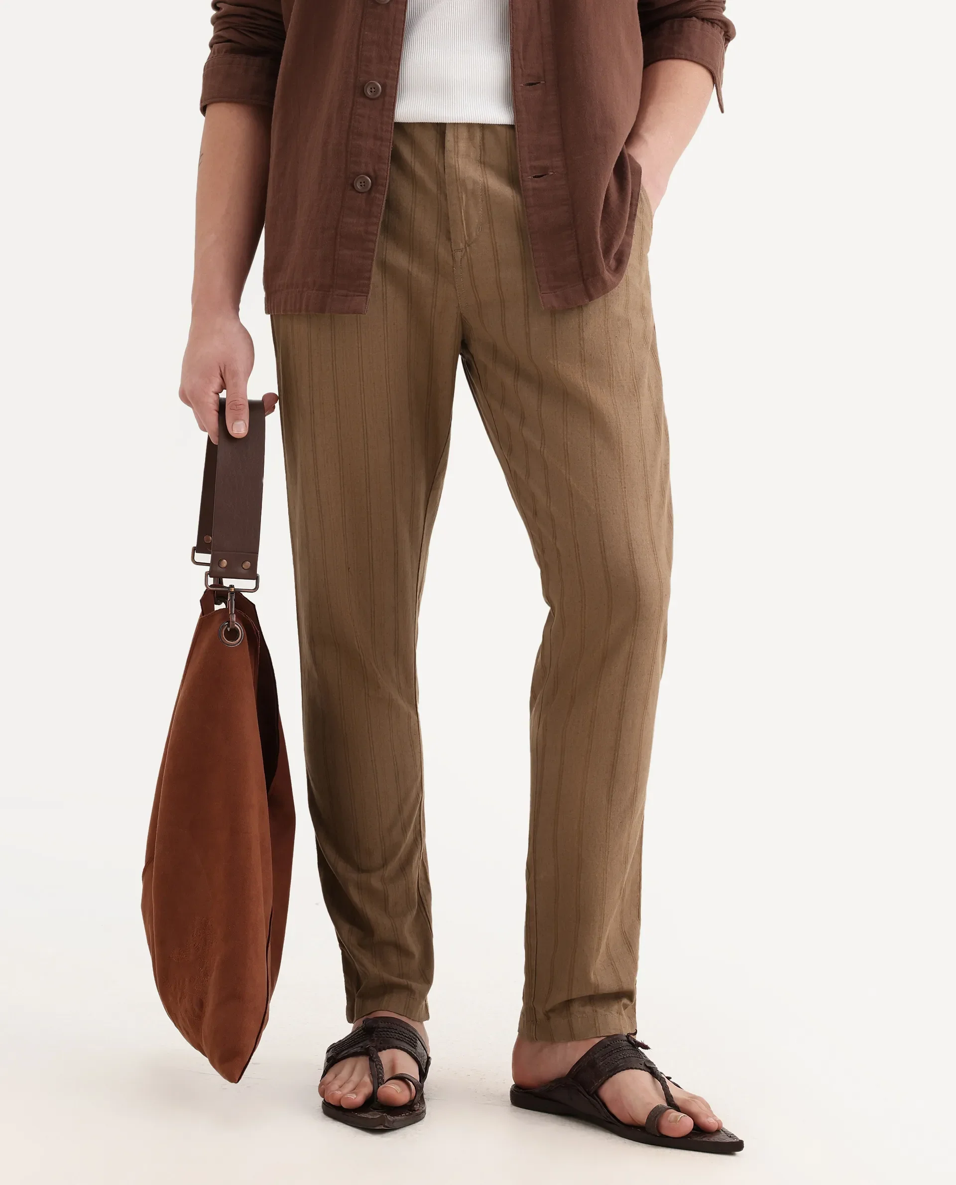 Rare Rabbit Men's Murray Brown Cotton Blend Striped Print Regular Fit Trouser - Image 2
