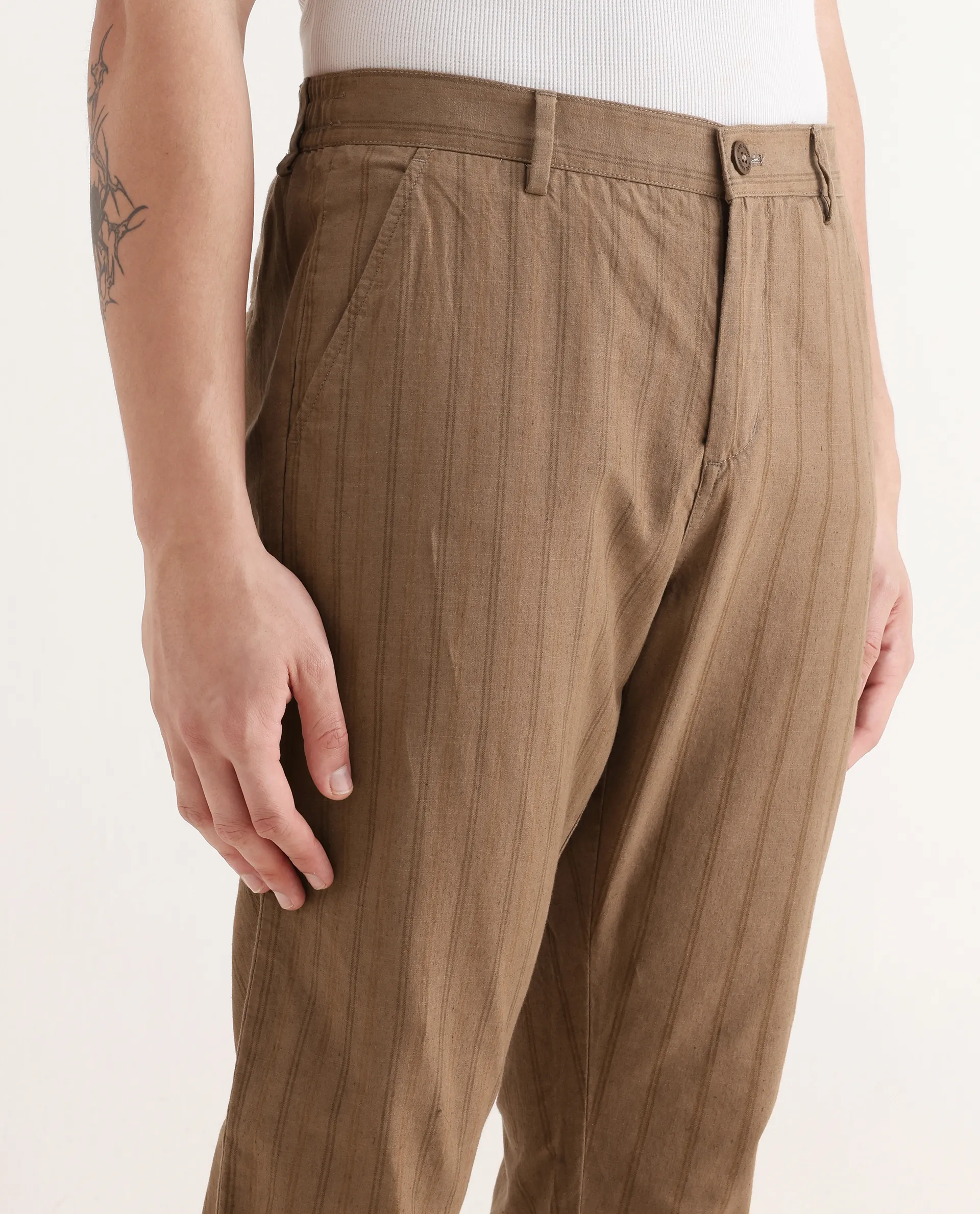 Rare Rabbit Men's Murray Brown Cotton Blend Striped Print Regular Fit Trouser - Image 3
