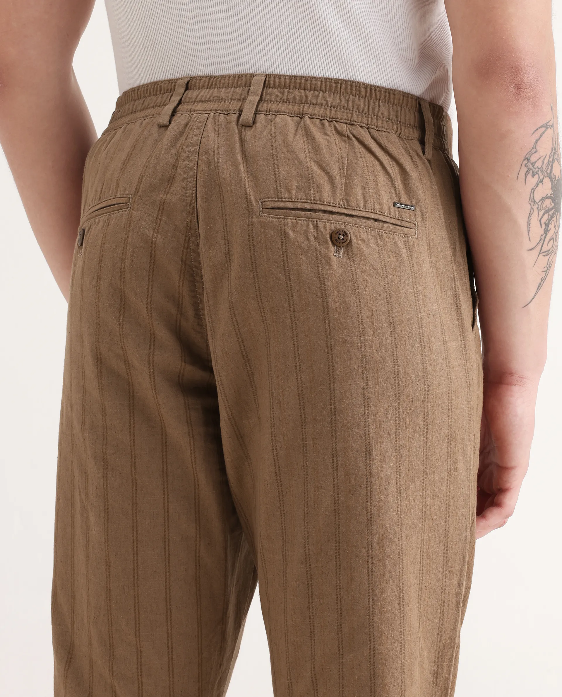 Rare Rabbit Men's Murray Brown Cotton Blend Striped Print Regular Fit Trouser - Image 7