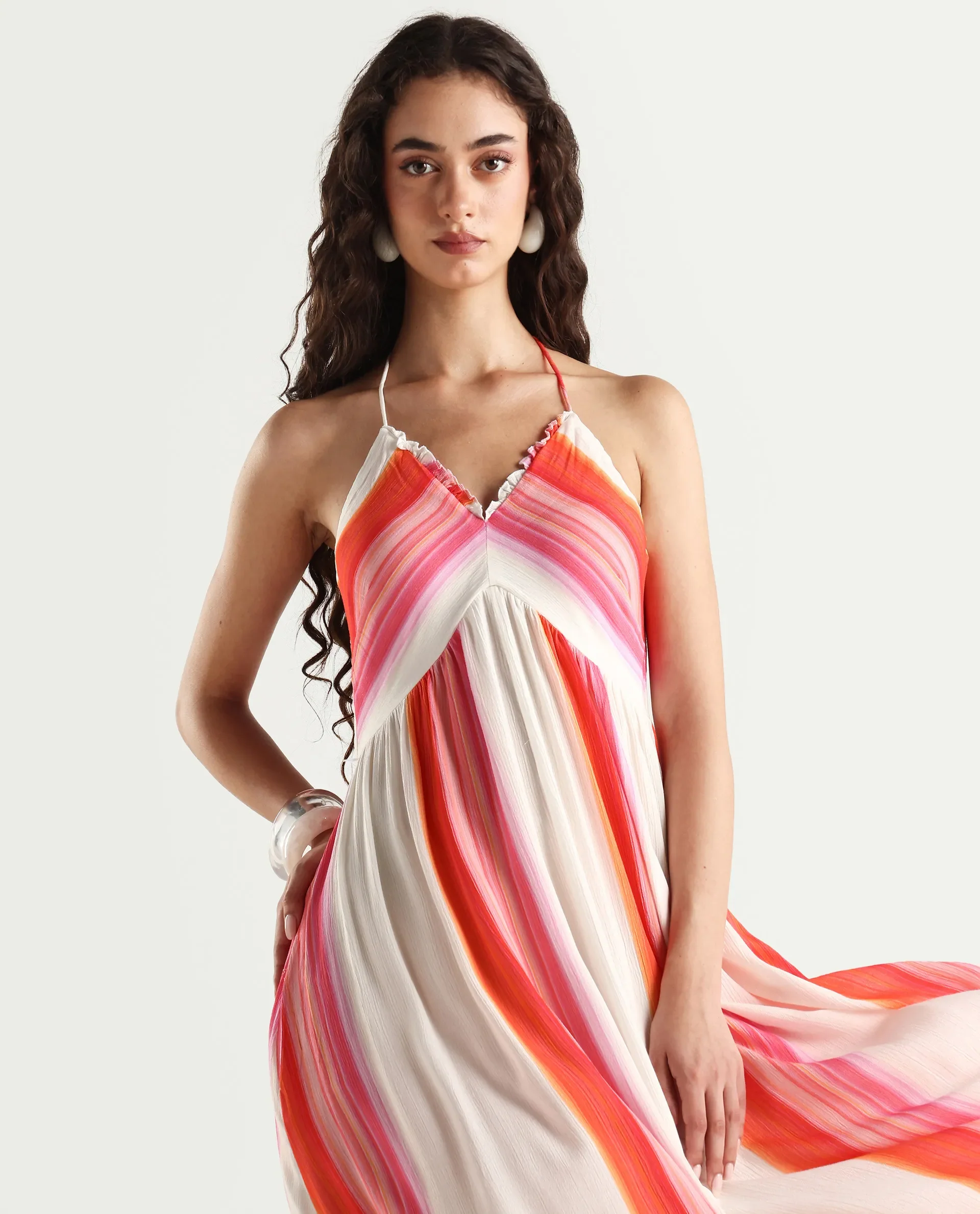 Rareism Women's Muse Multi Viscose Halter Neck Striped Sleeveless Maxi Fit And Flare Dress - Image 2