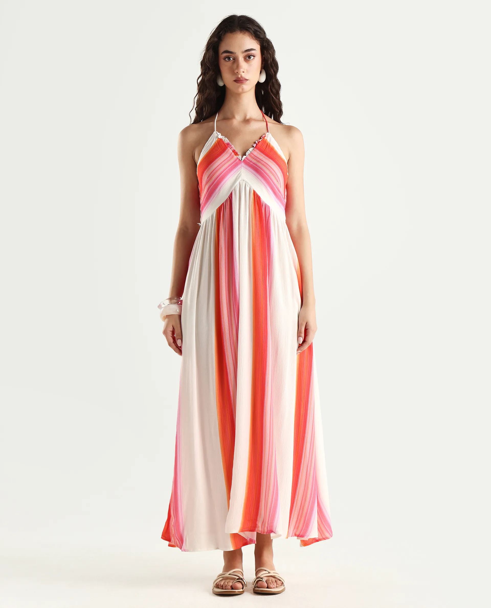 Rareism Women's Muse Multi Viscose Halter Neck Striped Sleeveless Maxi Fit And Flare Dress - Image 3