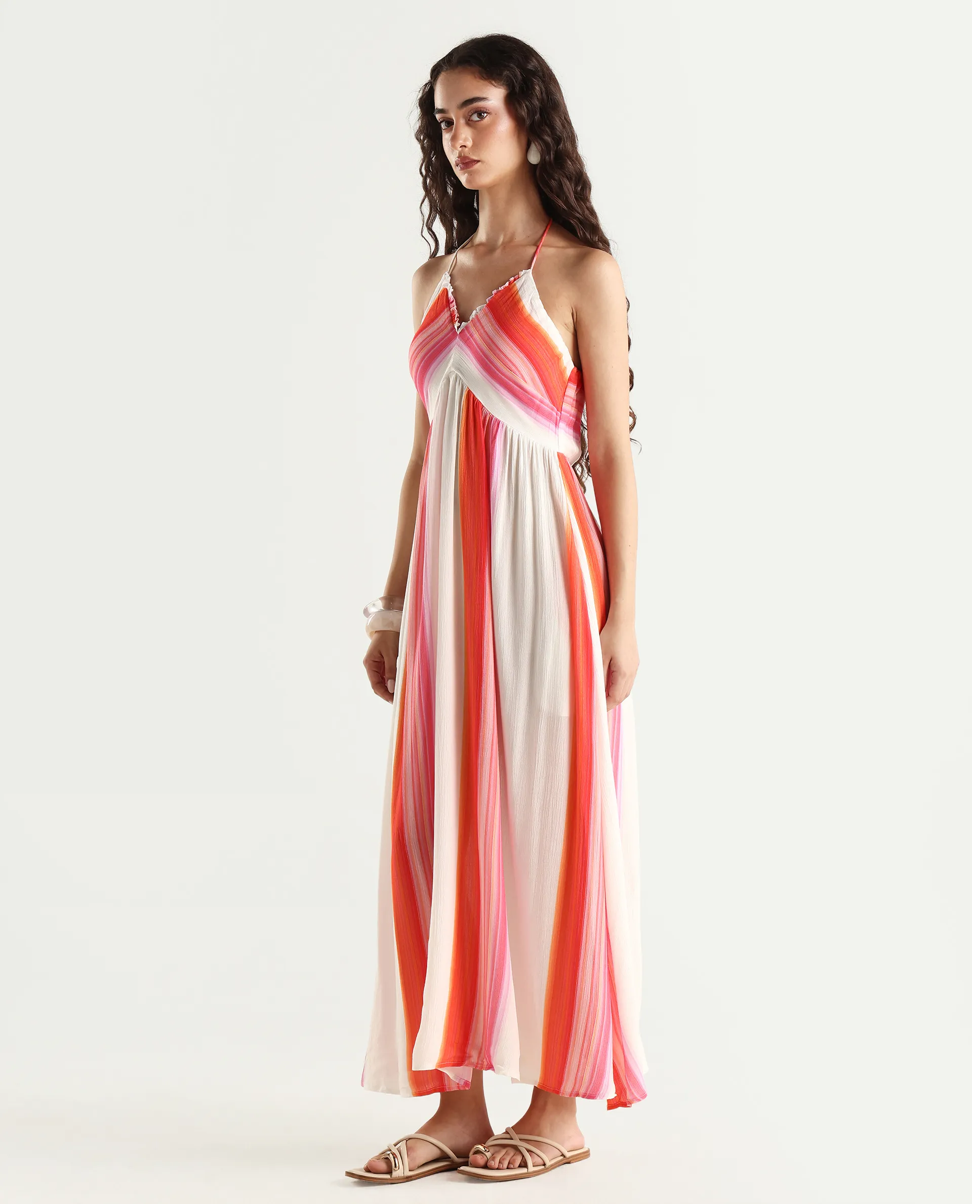 Rareism Women's Muse Multi Viscose Halter Neck Striped Sleeveless Maxi Fit And Flare Dress - Image 6
