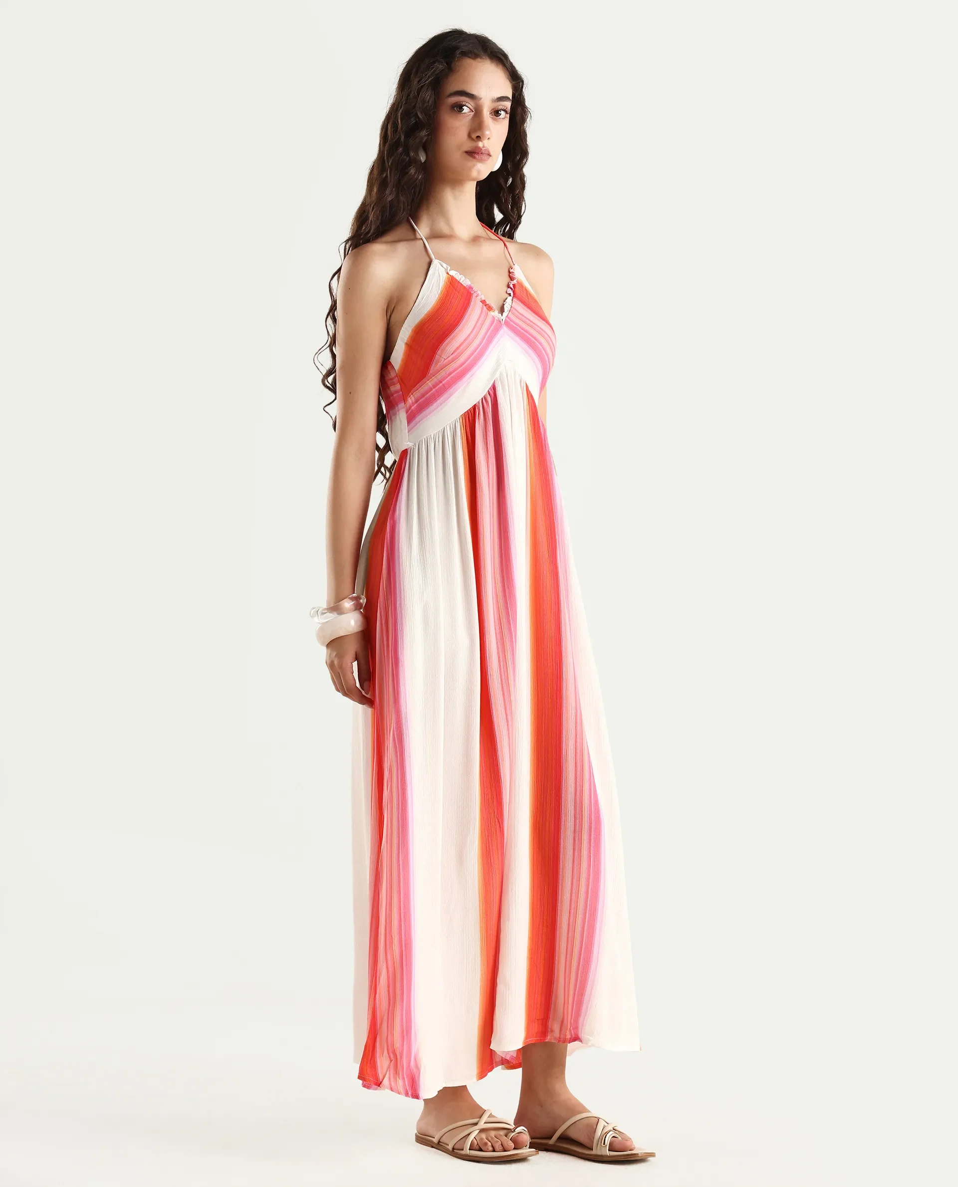 Rareism Women's Muse Multi Viscose Halter Neck Striped Sleeveless Maxi Fit And Flare Dress - Image 7
