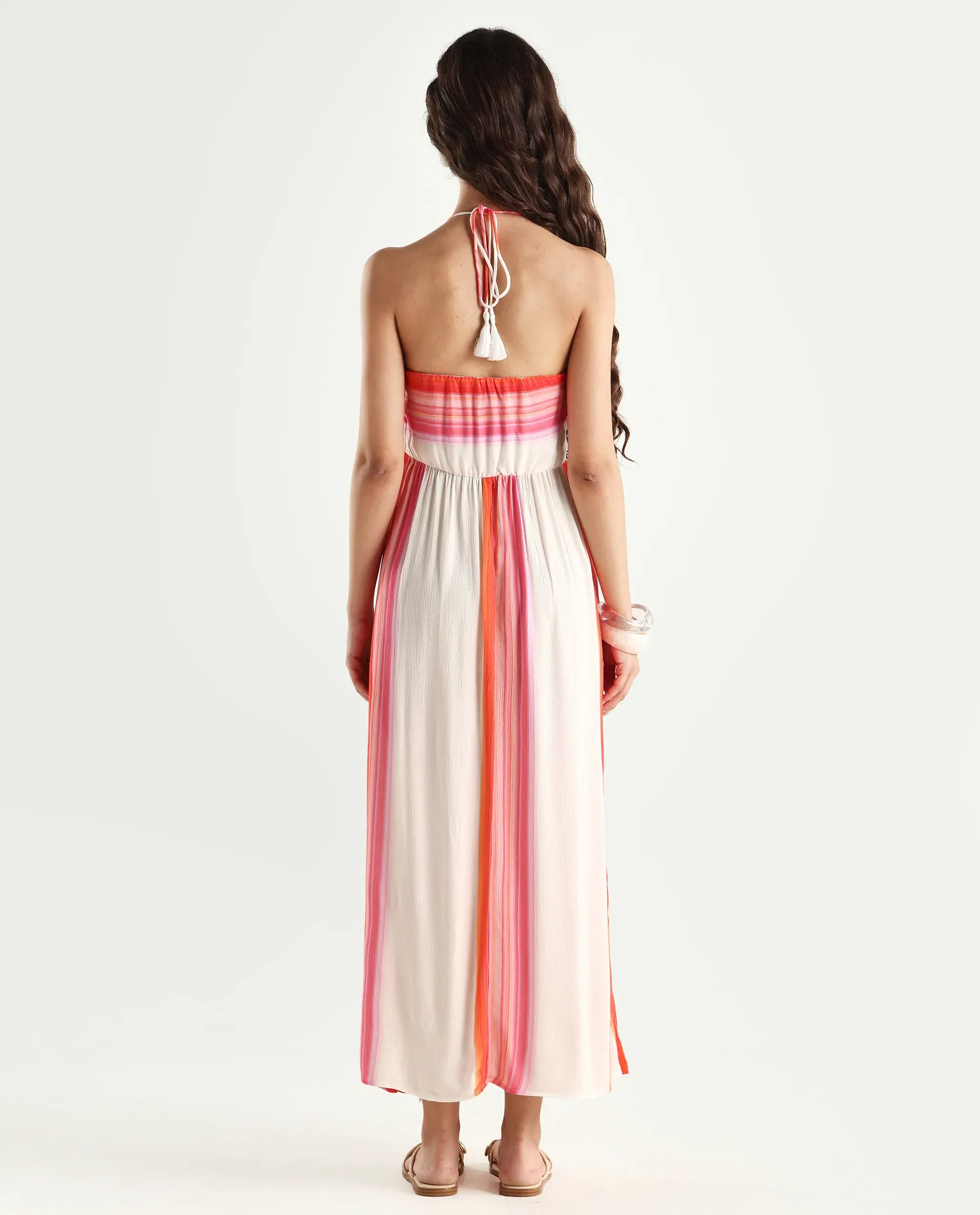 Rareism Women's Muse Multi Viscose Halter Neck Striped Sleeveless Maxi Fit And Flare Dress - Image 8
