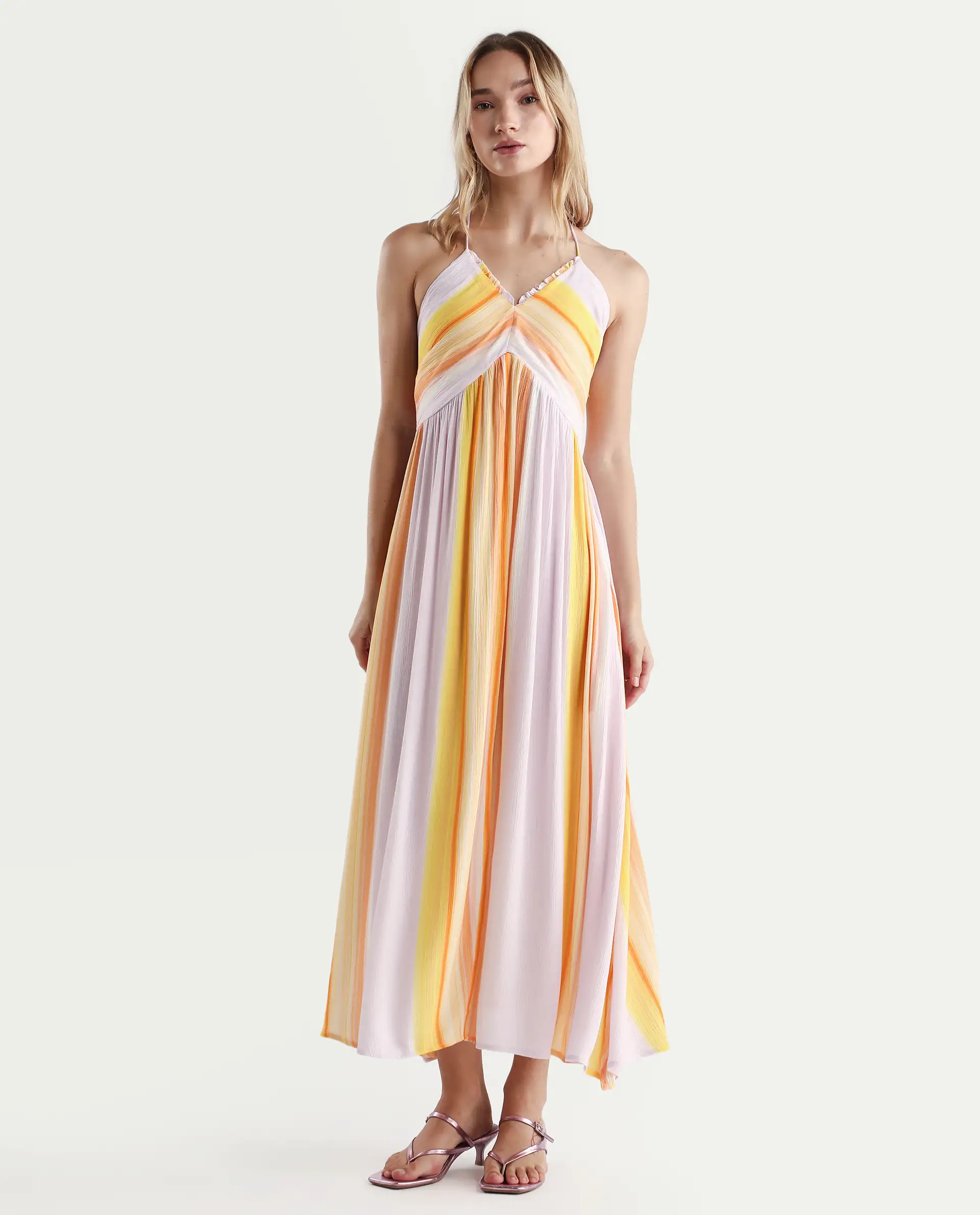 Rareism Women's Muse Pastel Purple Viscose Halter Neck Striped Sleeveless Maxi Fit And Flare Dress - Image 3