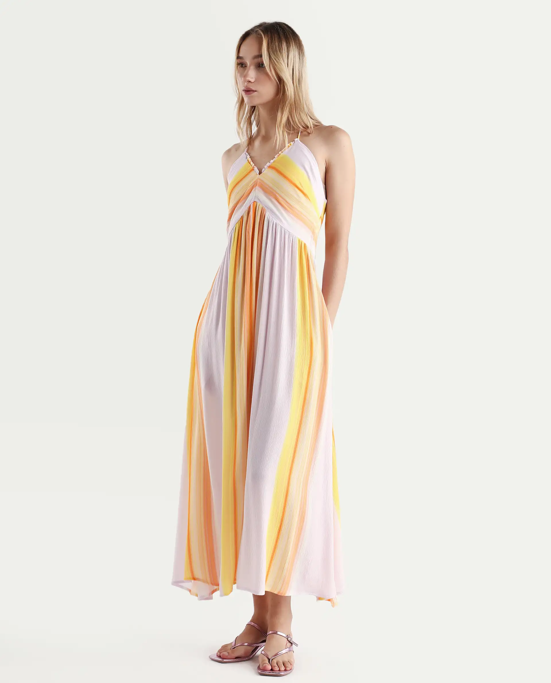 Rareism Women's Muse Pastel Purple Viscose Halter Neck Striped Sleeveless Maxi Fit And Flare Dress - Image 4