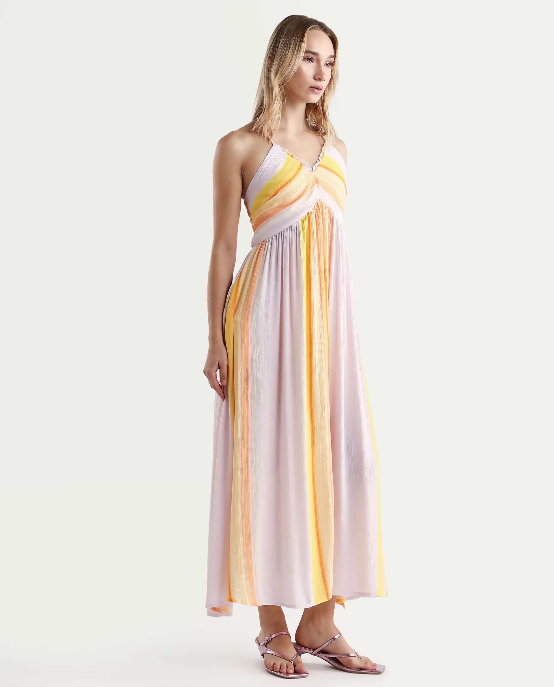 Rareism Women's Muse Pastel Purple Viscose Halter Neck Striped Sleeveless Maxi Fit And Flare Dress - Image 5