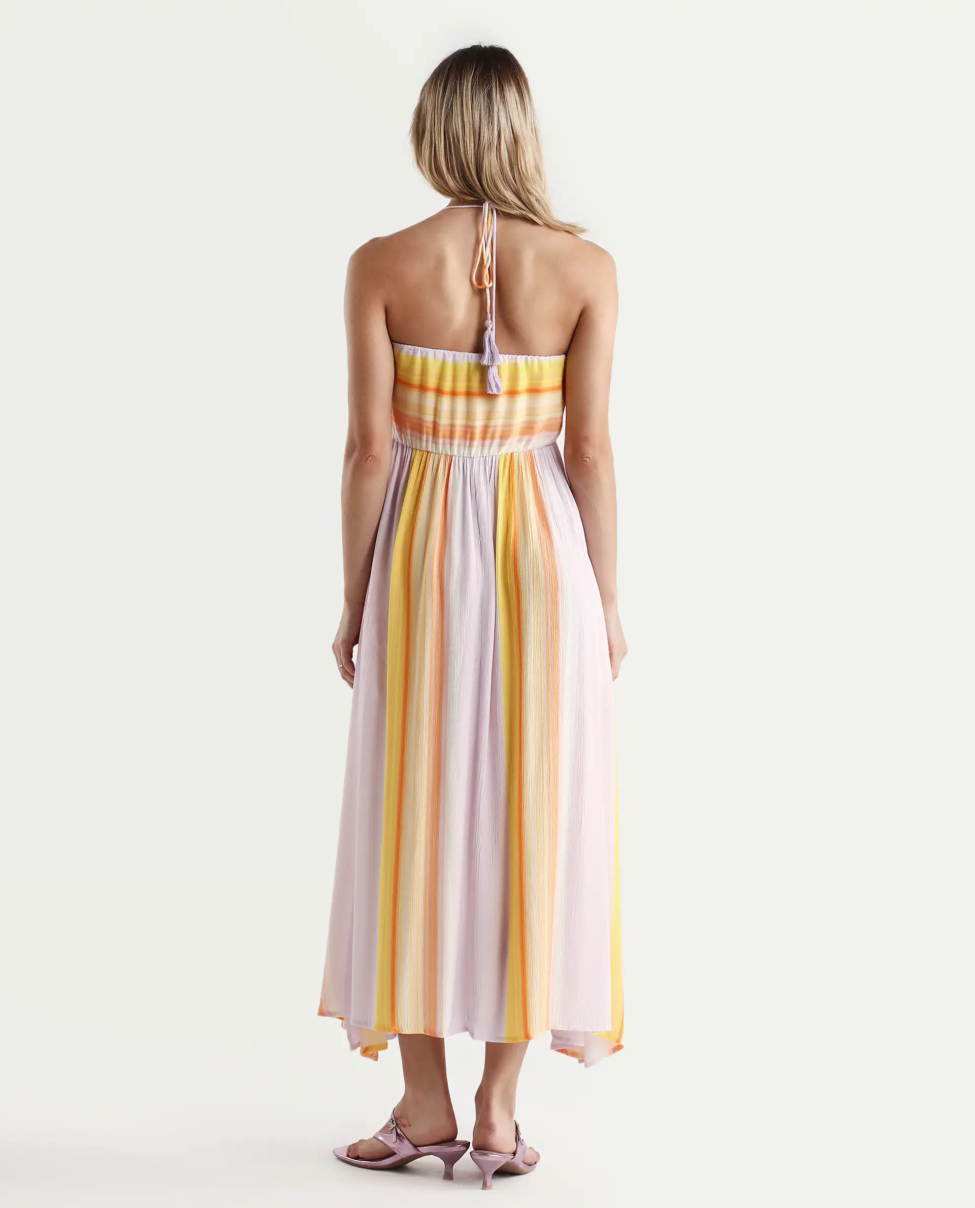Rareism Women's Muse Pastel Purple Viscose Halter Neck Striped Sleeveless Maxi Fit And Flare Dress - Image 6