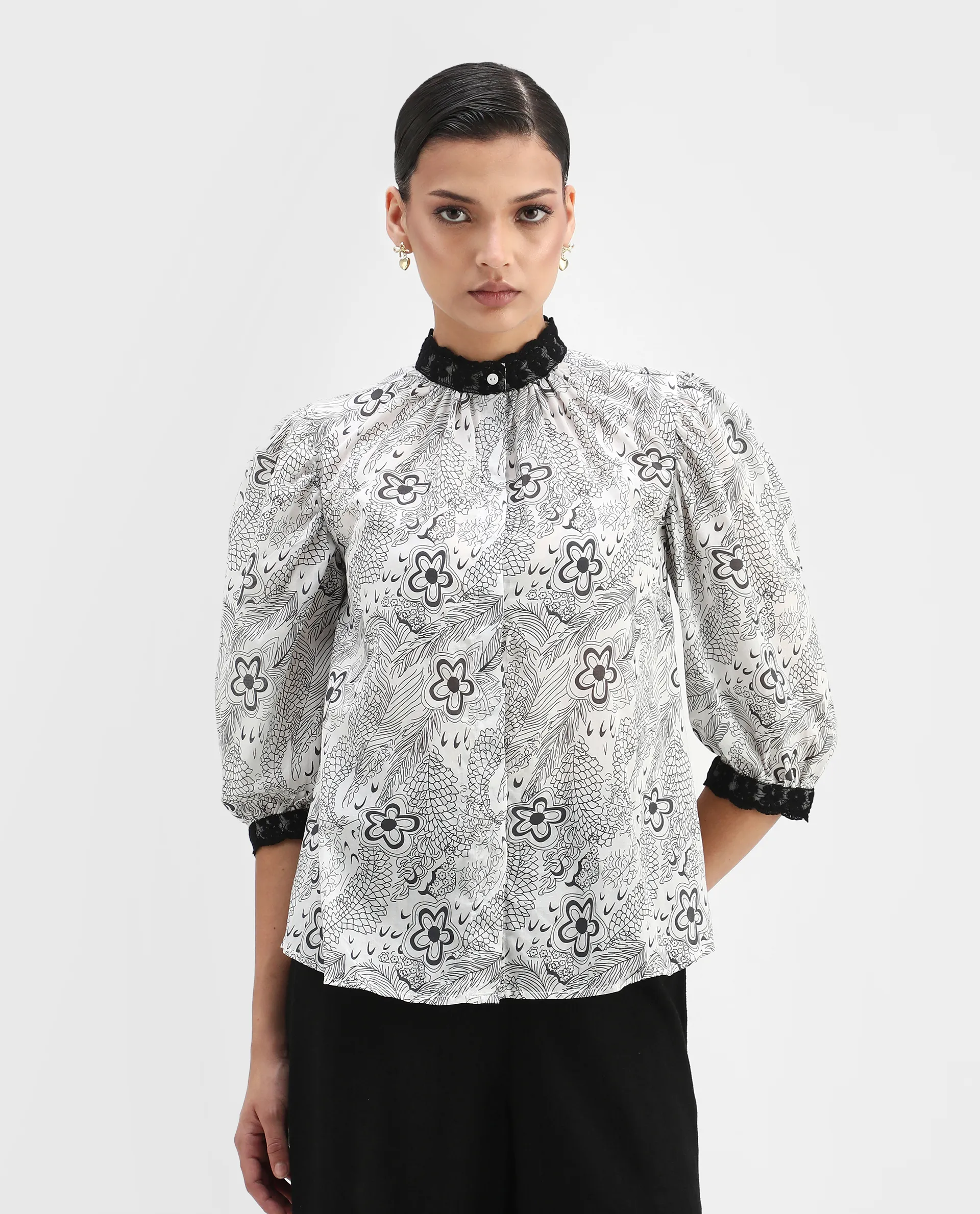 Rareism Women's Museo White Cotton Mandarin Collar Floral Print Puff Sleeves Regular Fit Top - Image 3