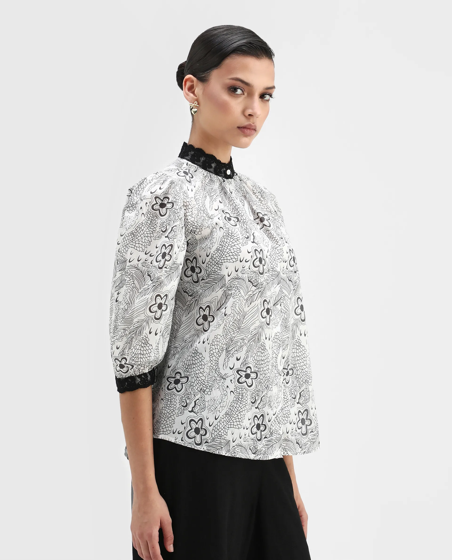 Rareism Women's Museo White Cotton Mandarin Collar Floral Print Puff Sleeves Regular Fit Top - Image 5